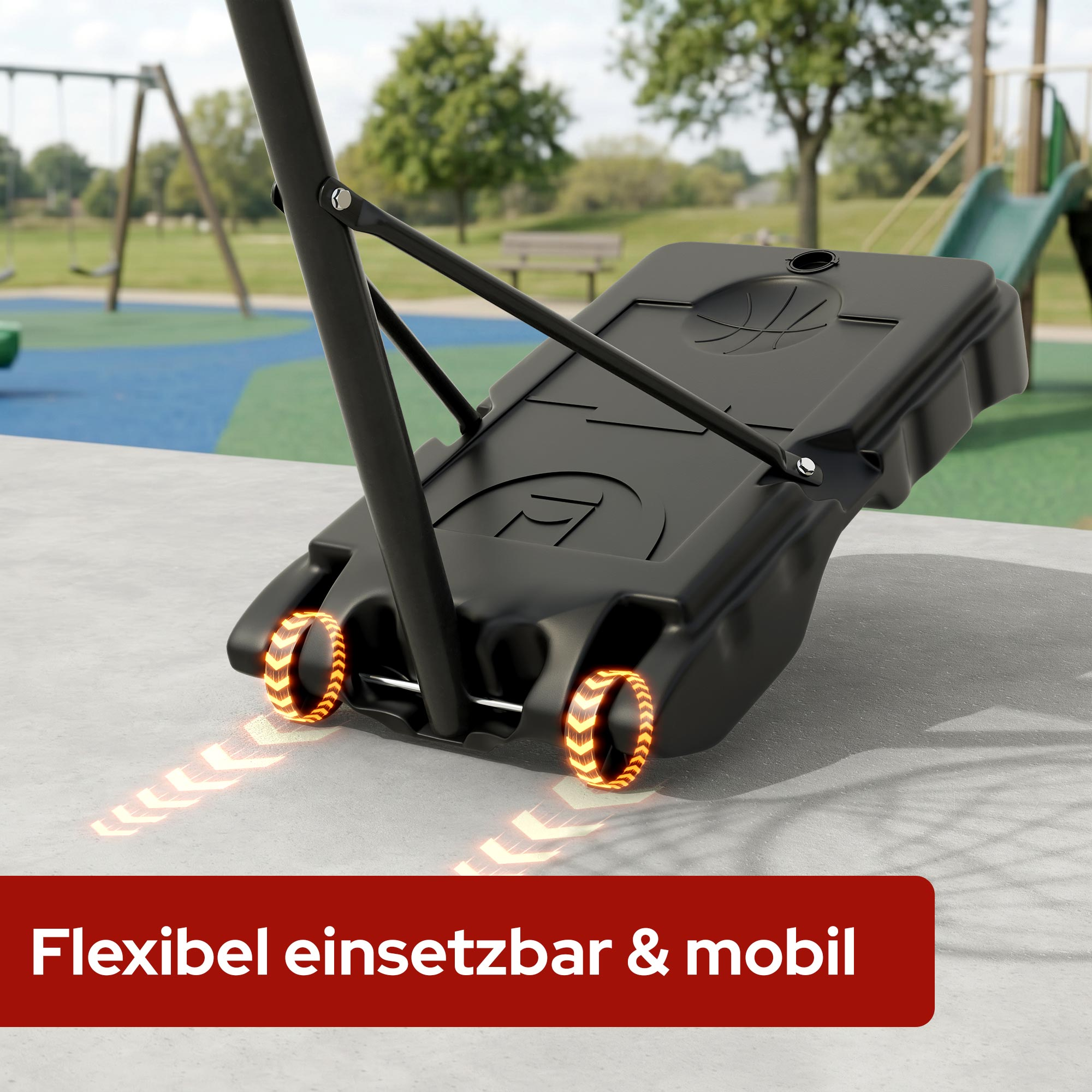 Schwarzer Basketballkorb-Ständer mit leuchtenden Rädern auf einem Spielplatz.