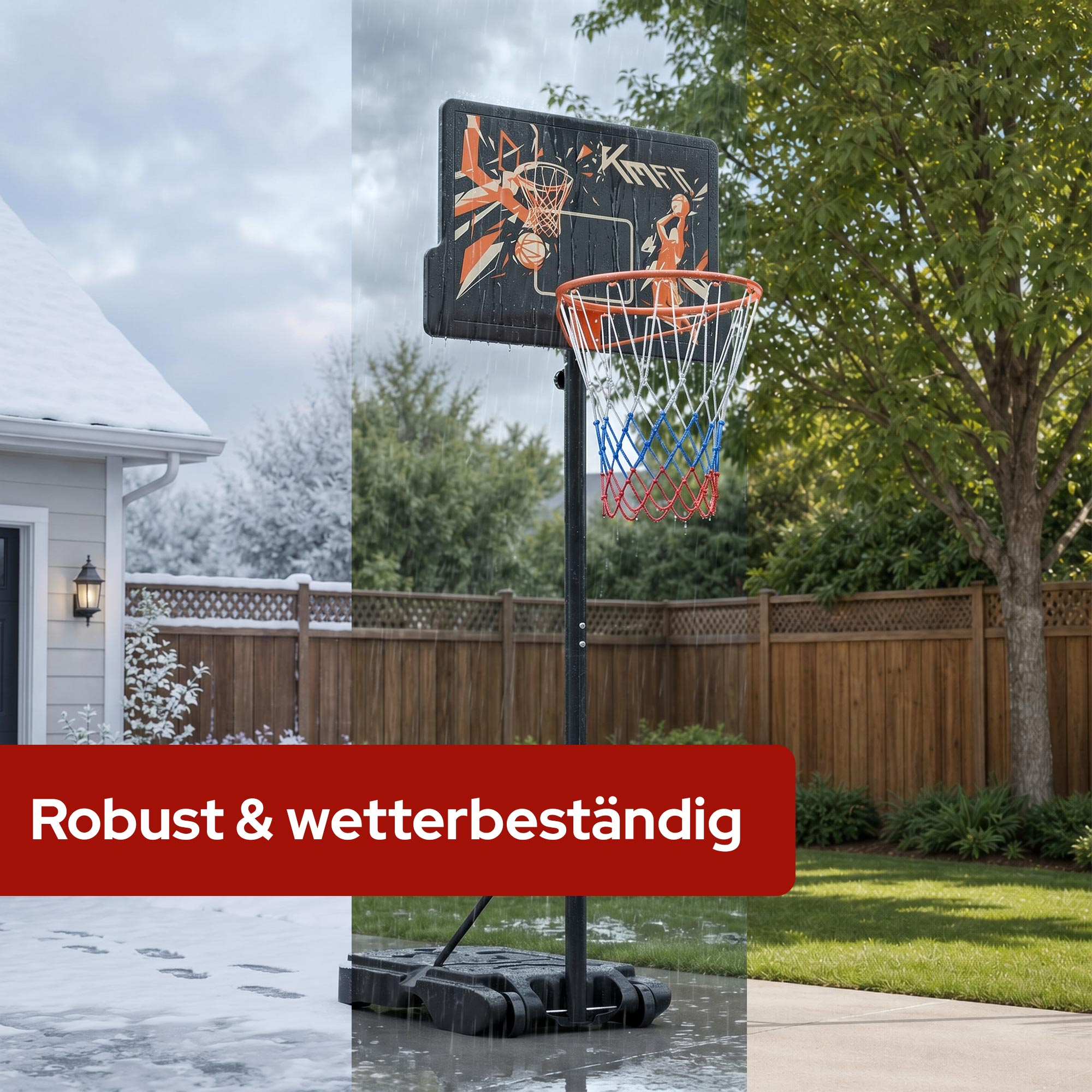 Basketballkorb bei Schnee, Regen und Sonnenschein, robust & wetterbeständig.