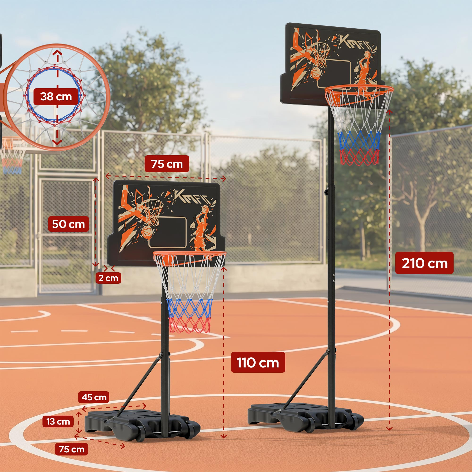 Zwei Basketballkörbe auf einem Feld mit Maßen.