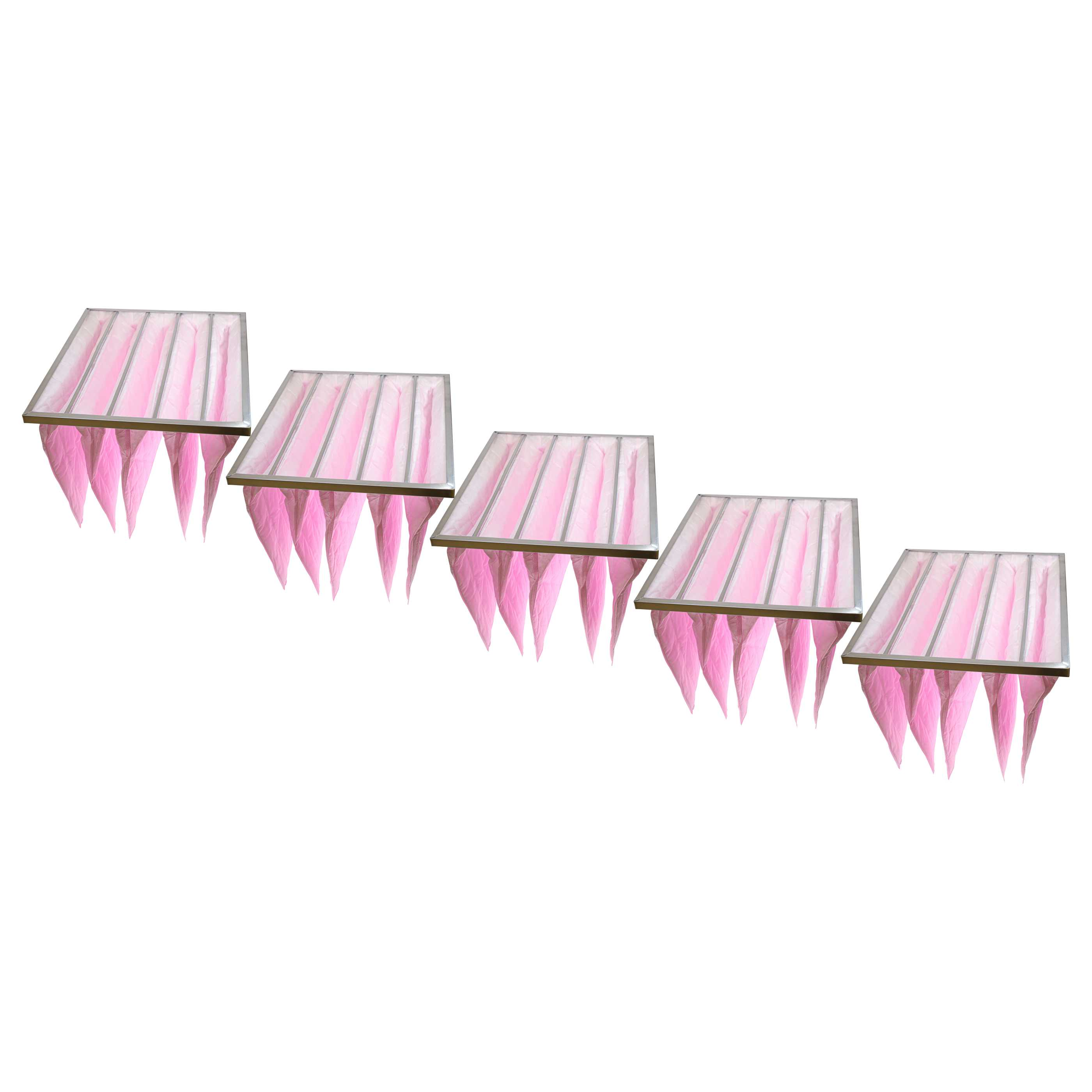 Fünf rosa Beutel-Luftfilter mit silbernen Rahmen auf weißem Hintergrund.