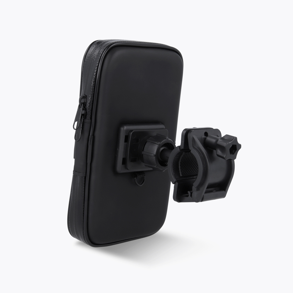Czarny uchwyt na telefon motocyklowy z zapinaną na zamek kieszenią i regulowanym zaciskiem.