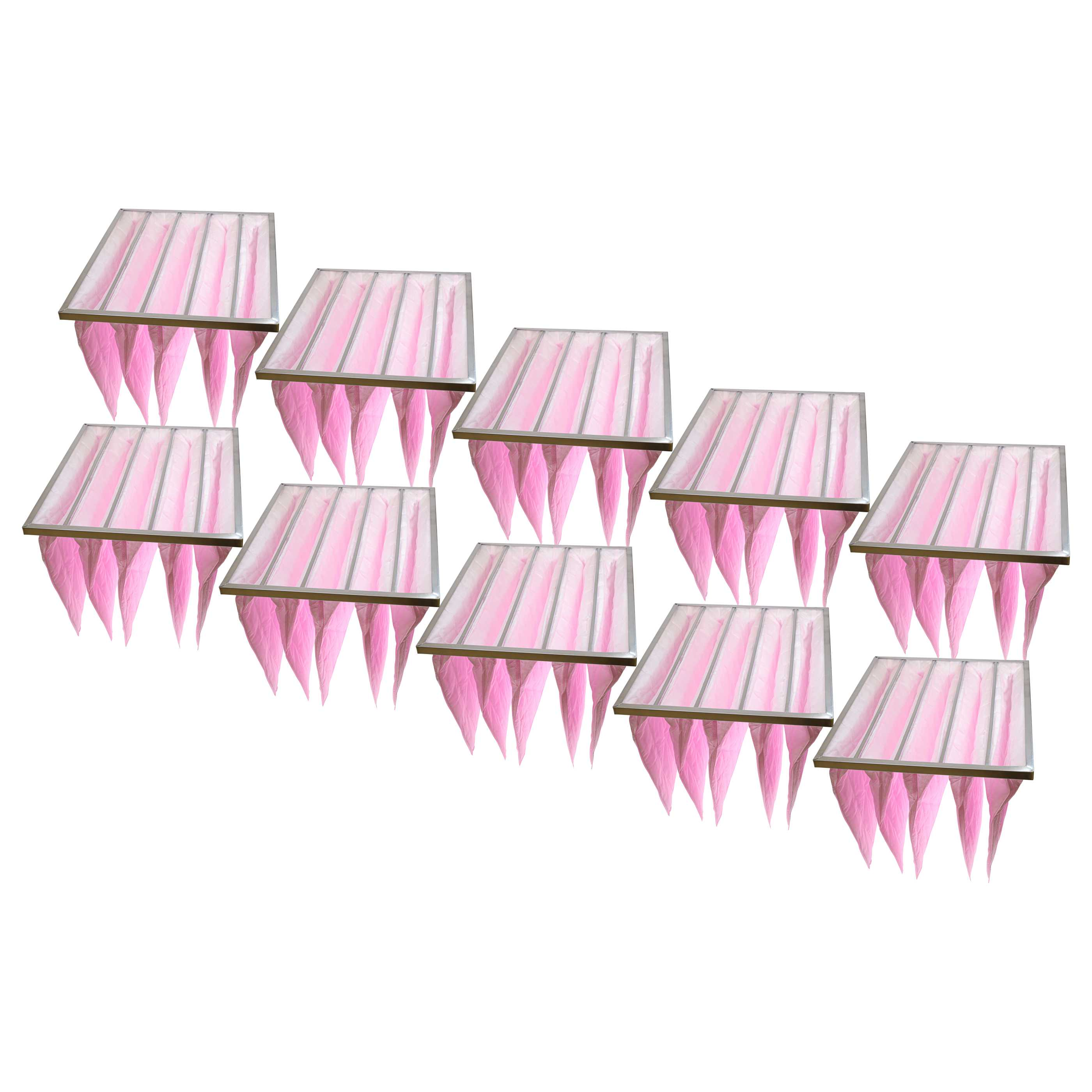Zehn rosa Beutel-Luftfilter mit silbernen Rahmen auf weißem Hintergrund.