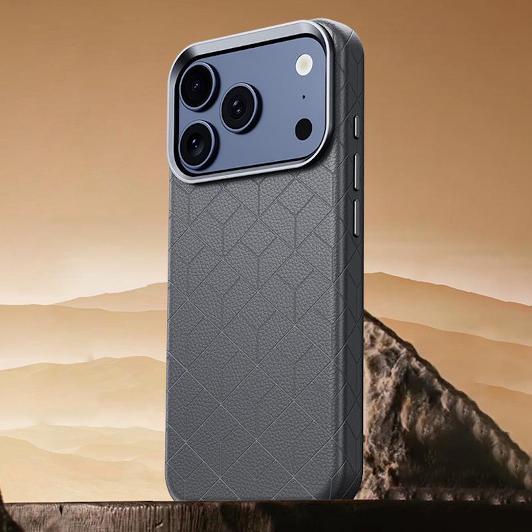 Graues Handy-Case mit Rautenmuster vor einer Wüstenlandschaft.