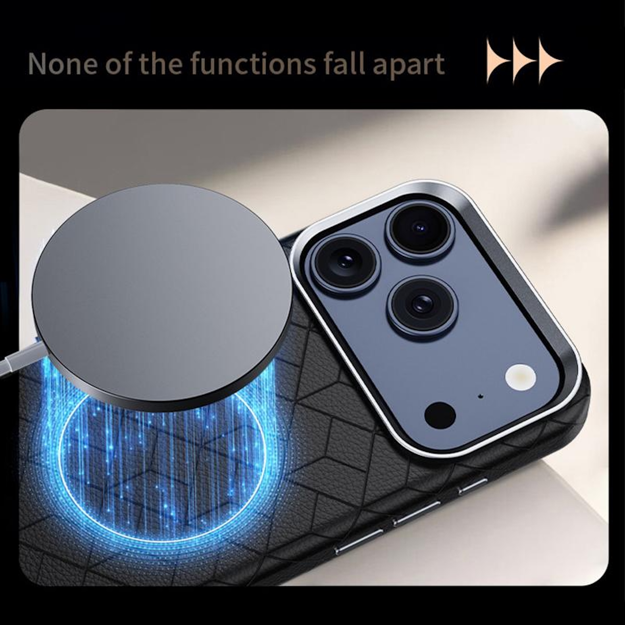 Ein graues Ladegerät lädt ein schwarzes Handy mit drei Kameras auf.