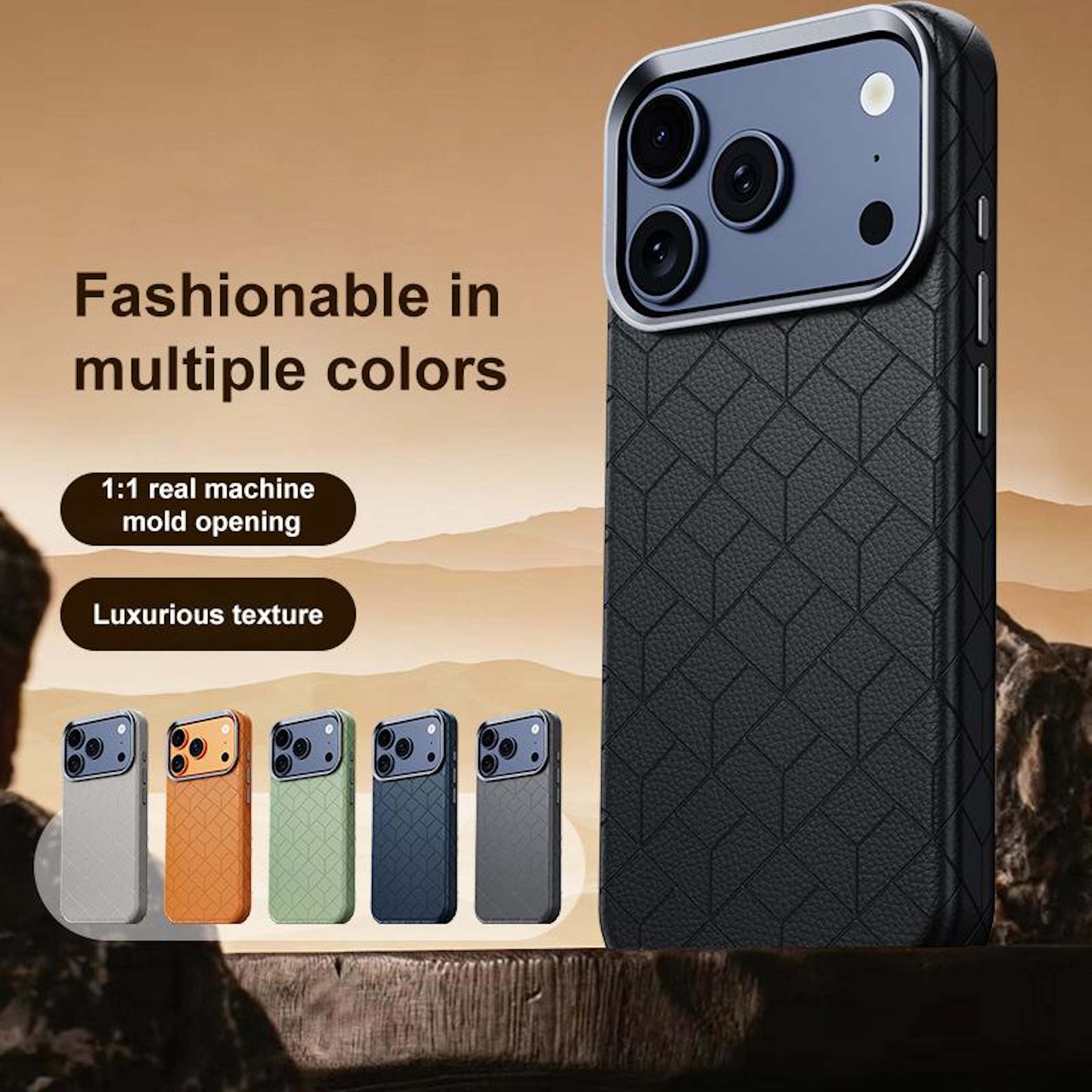 Schwarze Handyhülle mit geometrischem Muster und mehreren Farboptionen.