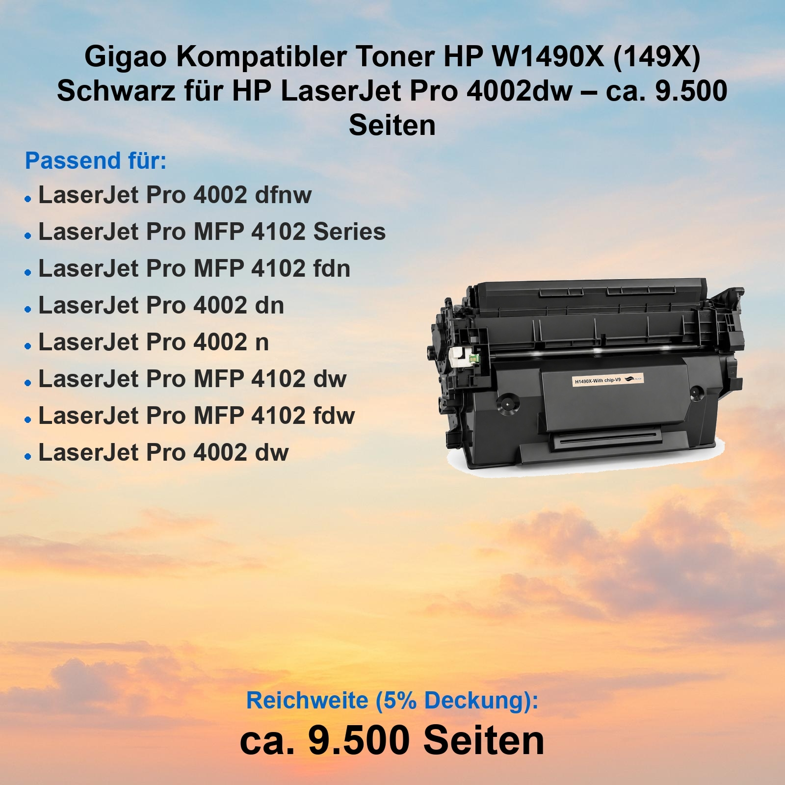 Schwarzer Toner HP W1490X für LaserJet Pro 4002dw, Reichweite 9.500 Seiten.