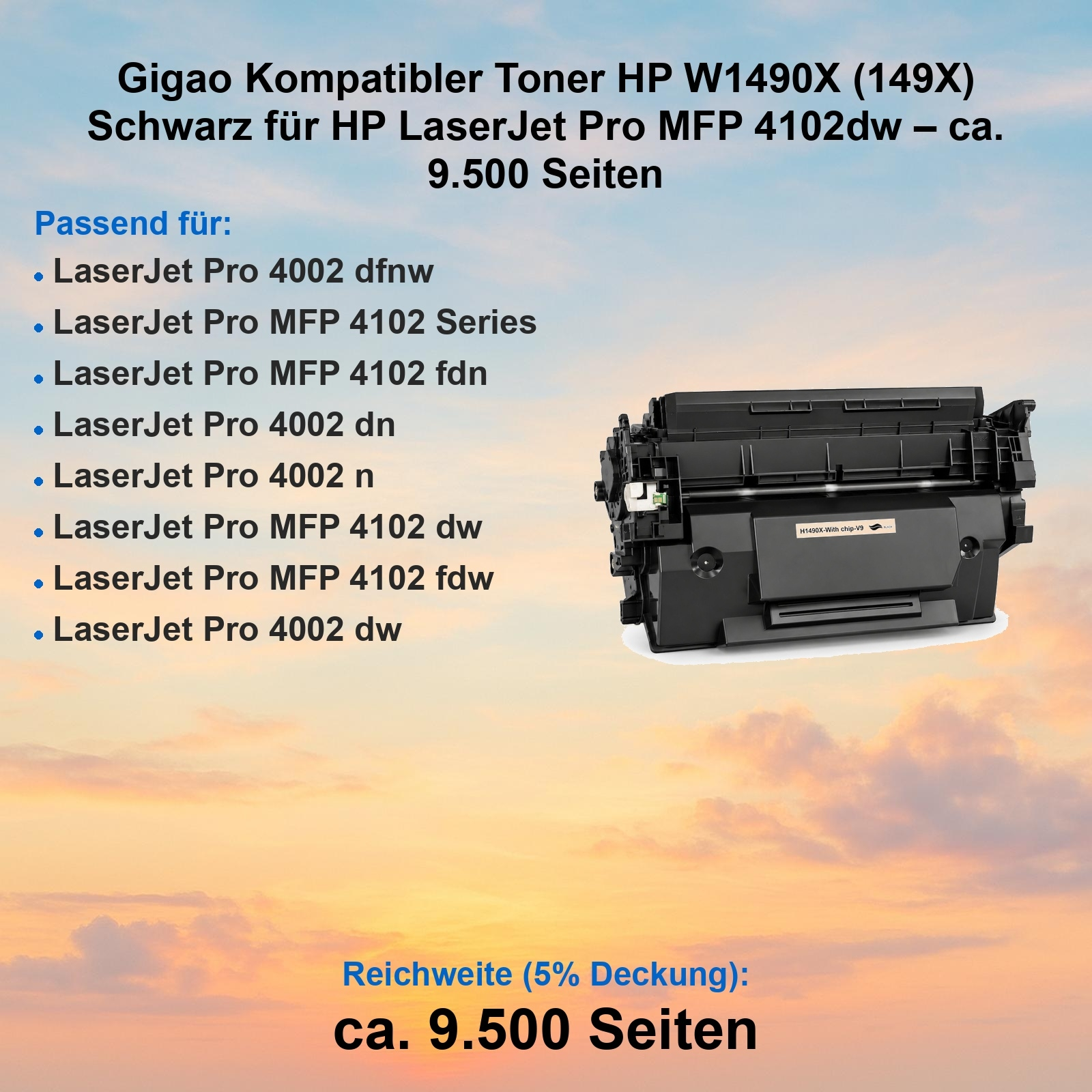 Schwarzer HP Toner W1490X (149X) für LaserJet Pro MFP 4102dw, Reichweite 9.500 Seiten.