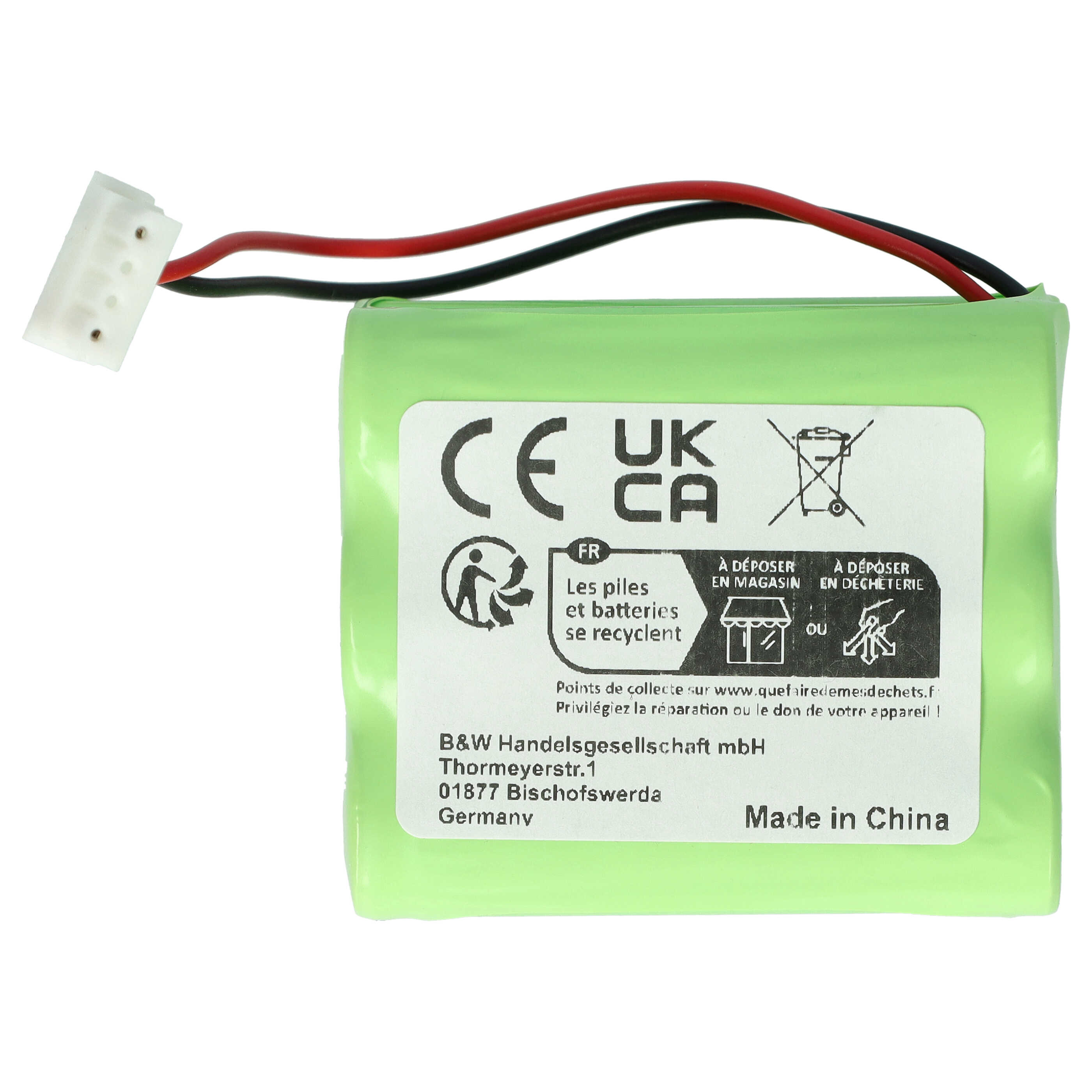 Grüner Akku mit weißem Stecker und Kabeln, CE/UKCA-Kennzeichnung, Made in China.