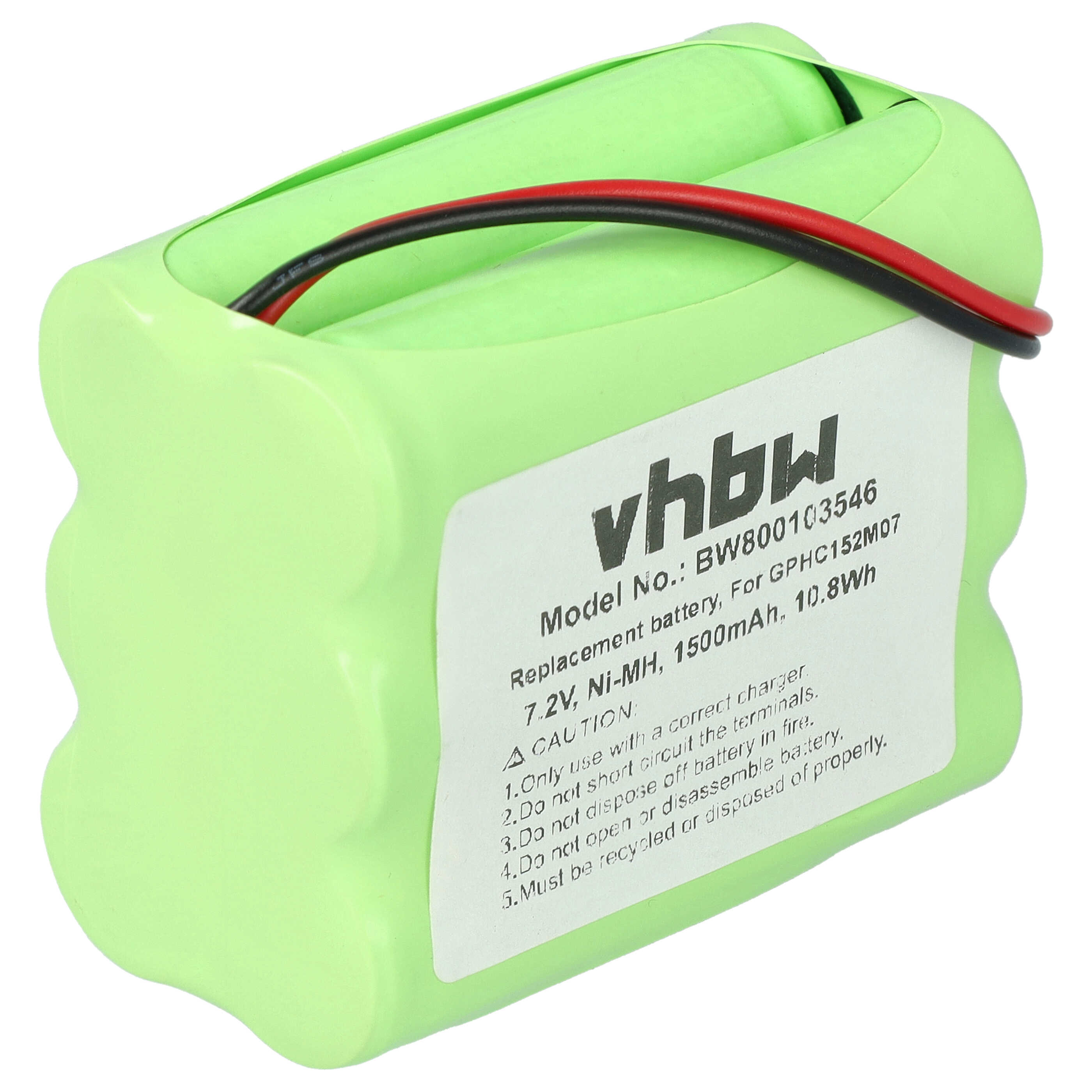 Grüner Ni-MH Akku mit schwarzen und roten Kabeln, vhbw 7.2V 1500mAh