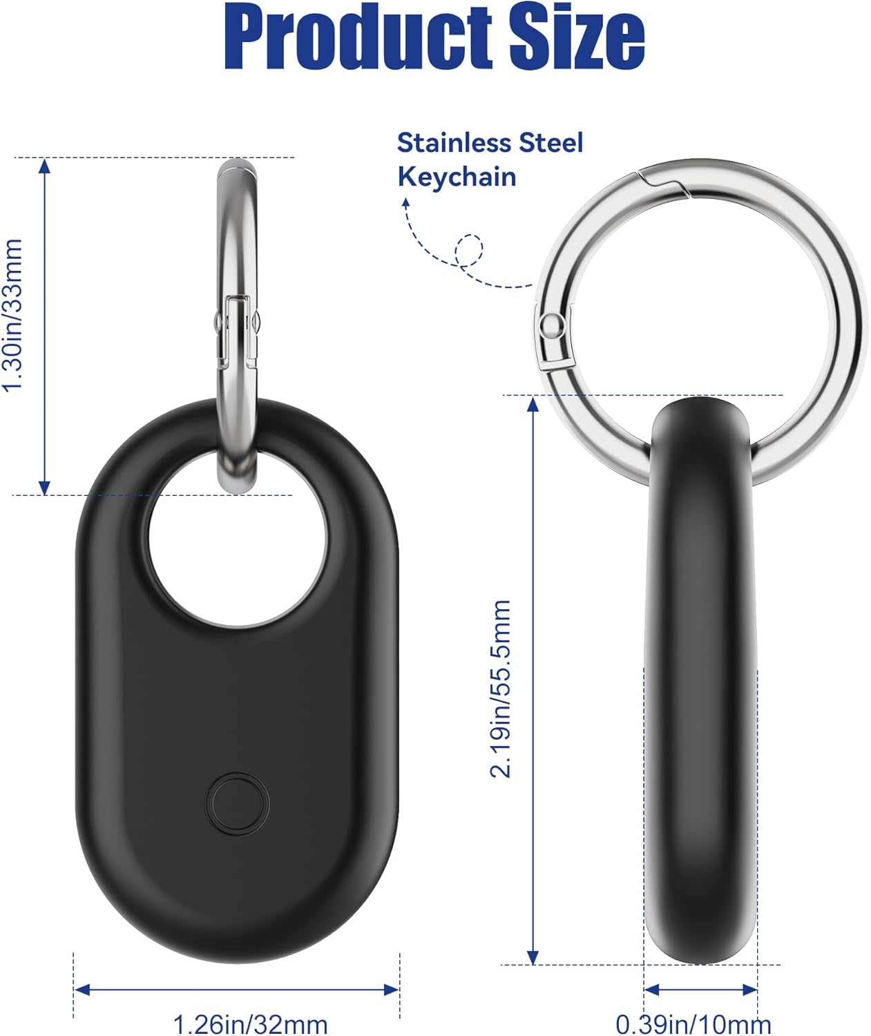 Schwarzer Schlüsselanhänger mit Maßen: 32mm breit, 33mm hoch, 10mm dick.