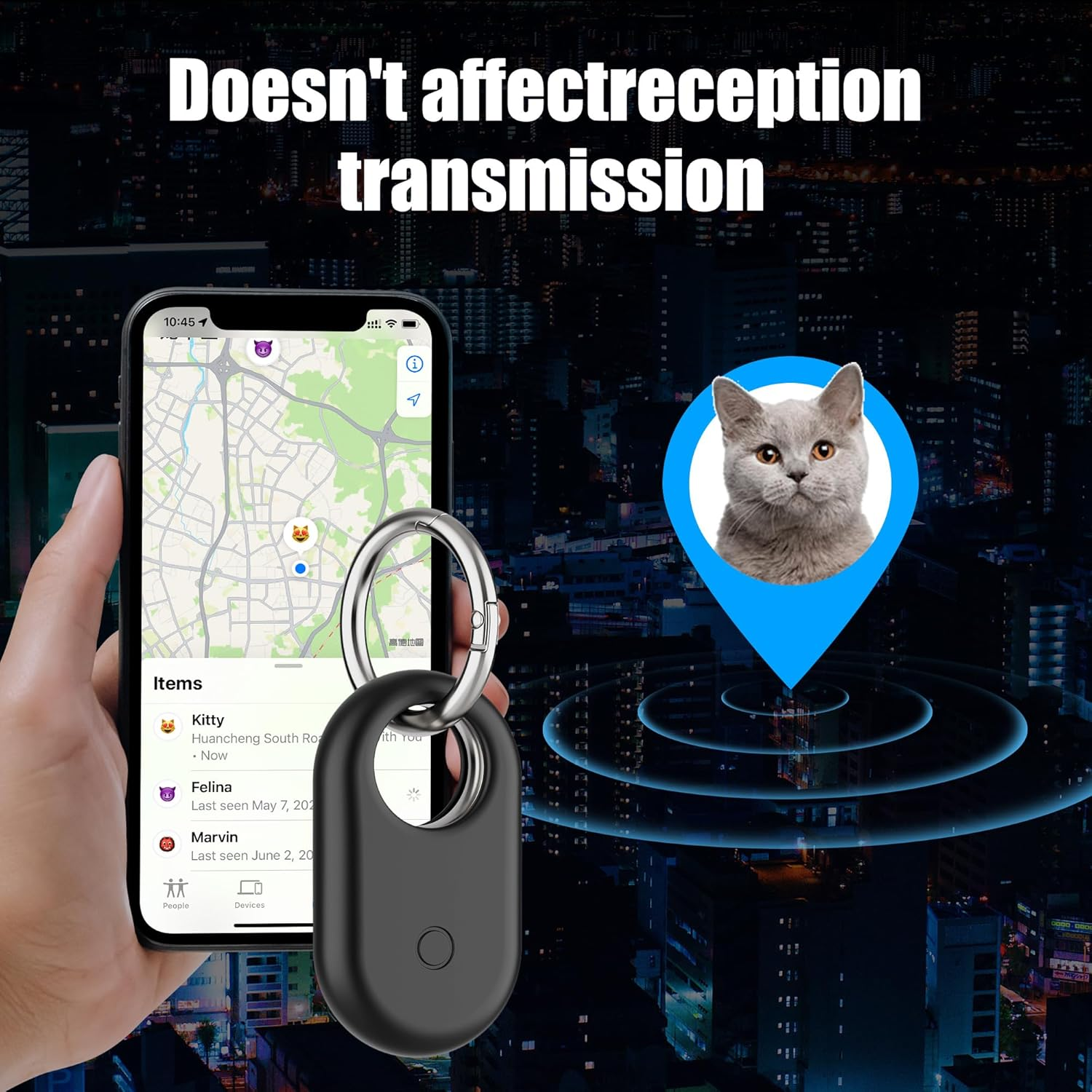 Ein Handy zeigt eine Karte mit einem Tracker-Symbol einer Katze, daneben ein Tracker.