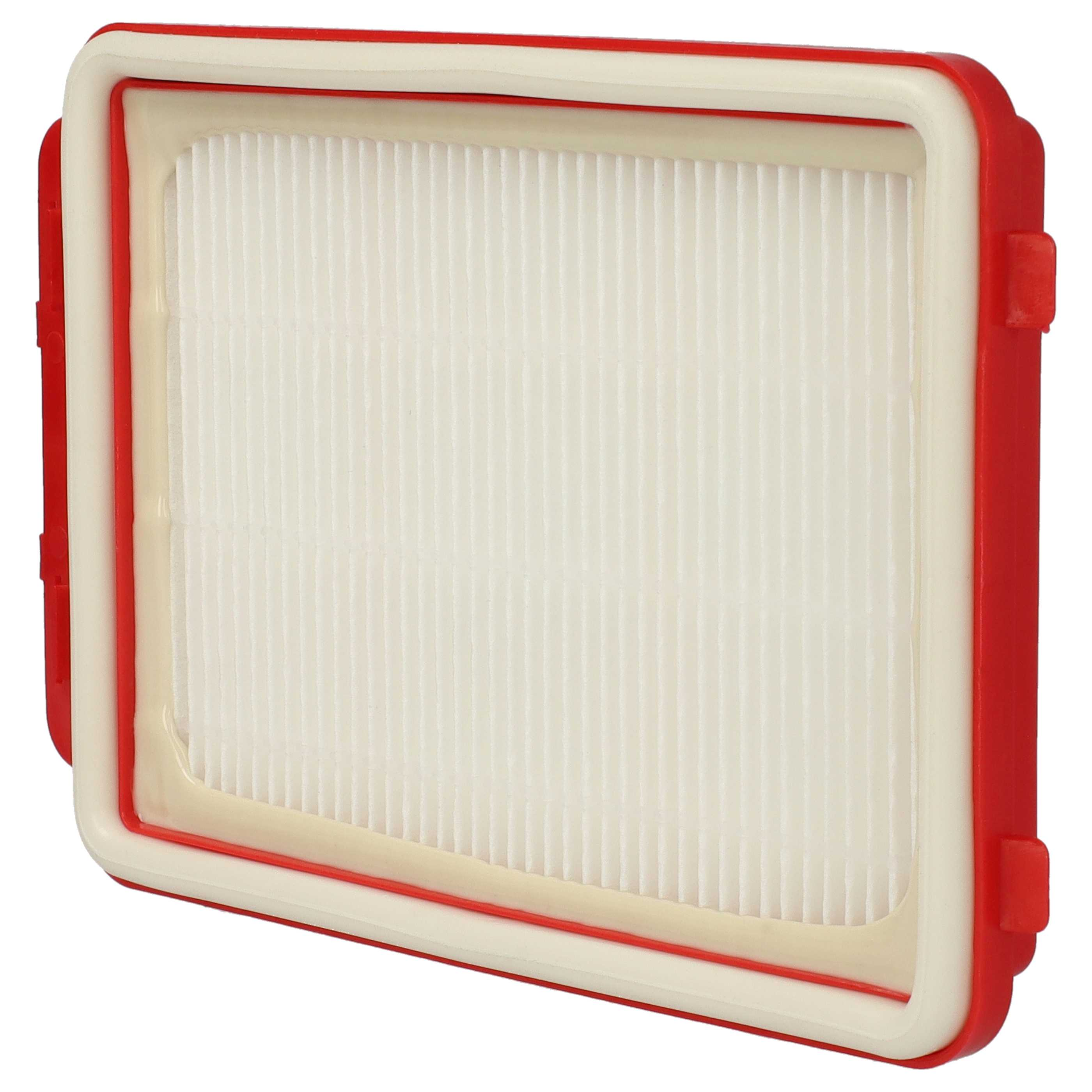 Ein rechteckiger Filter mit rotem Rahmen, weißen Dichtungen und einem gefalteten Filtermedium.
