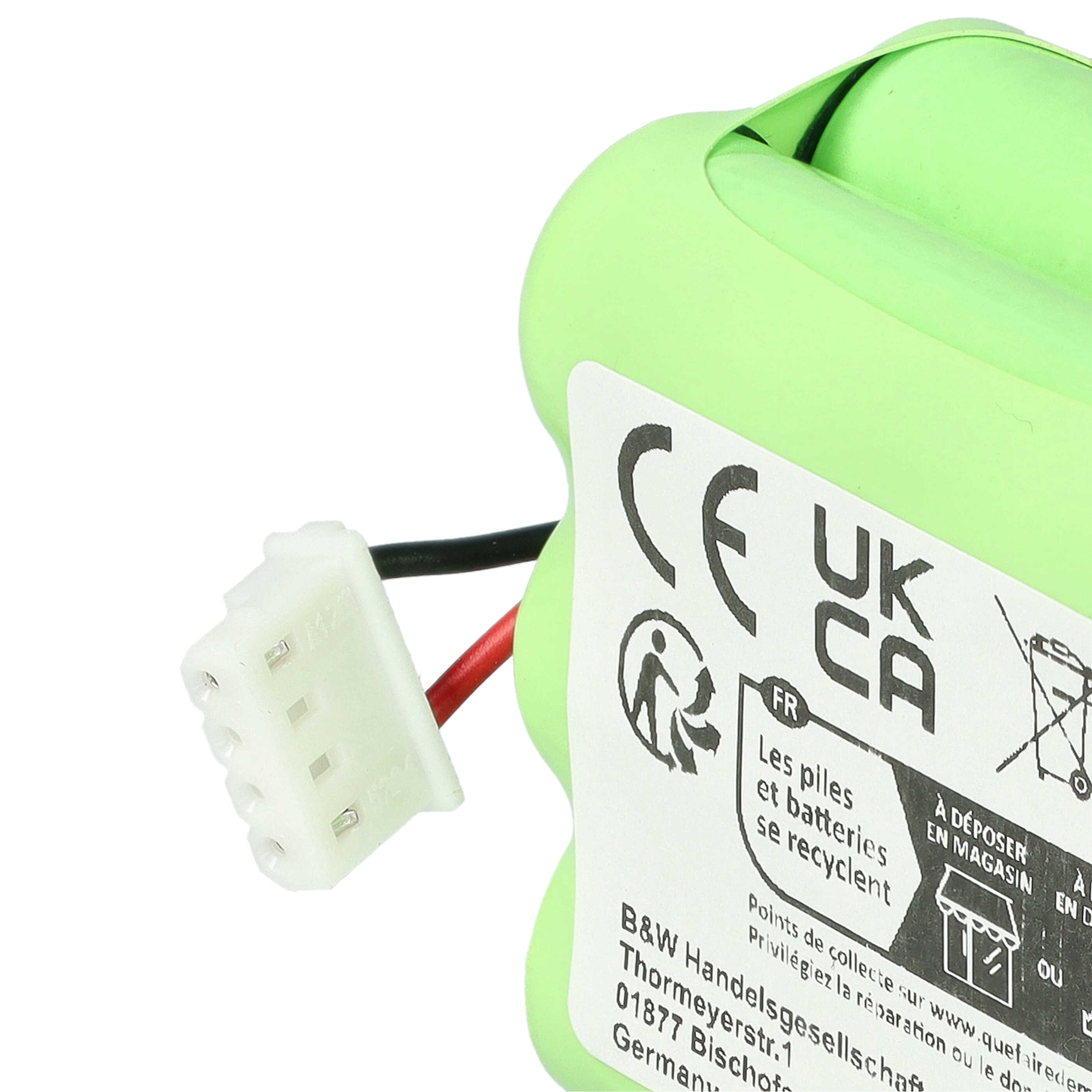Grüne Batterie mit weißem Stecker und Kabeln, CE/UKCA- und Recycling-Symbolen.