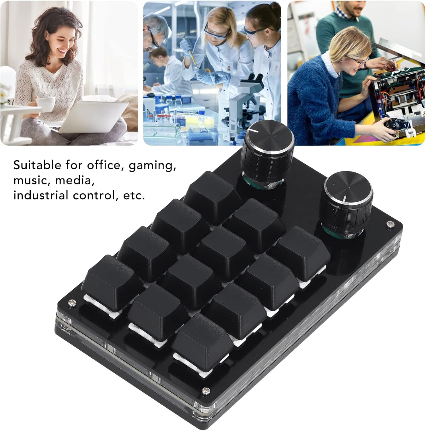 Schwarzes Makro-Pad mit 16 Tasten und zwei Drehgebern auf klarer Acrylbasis.