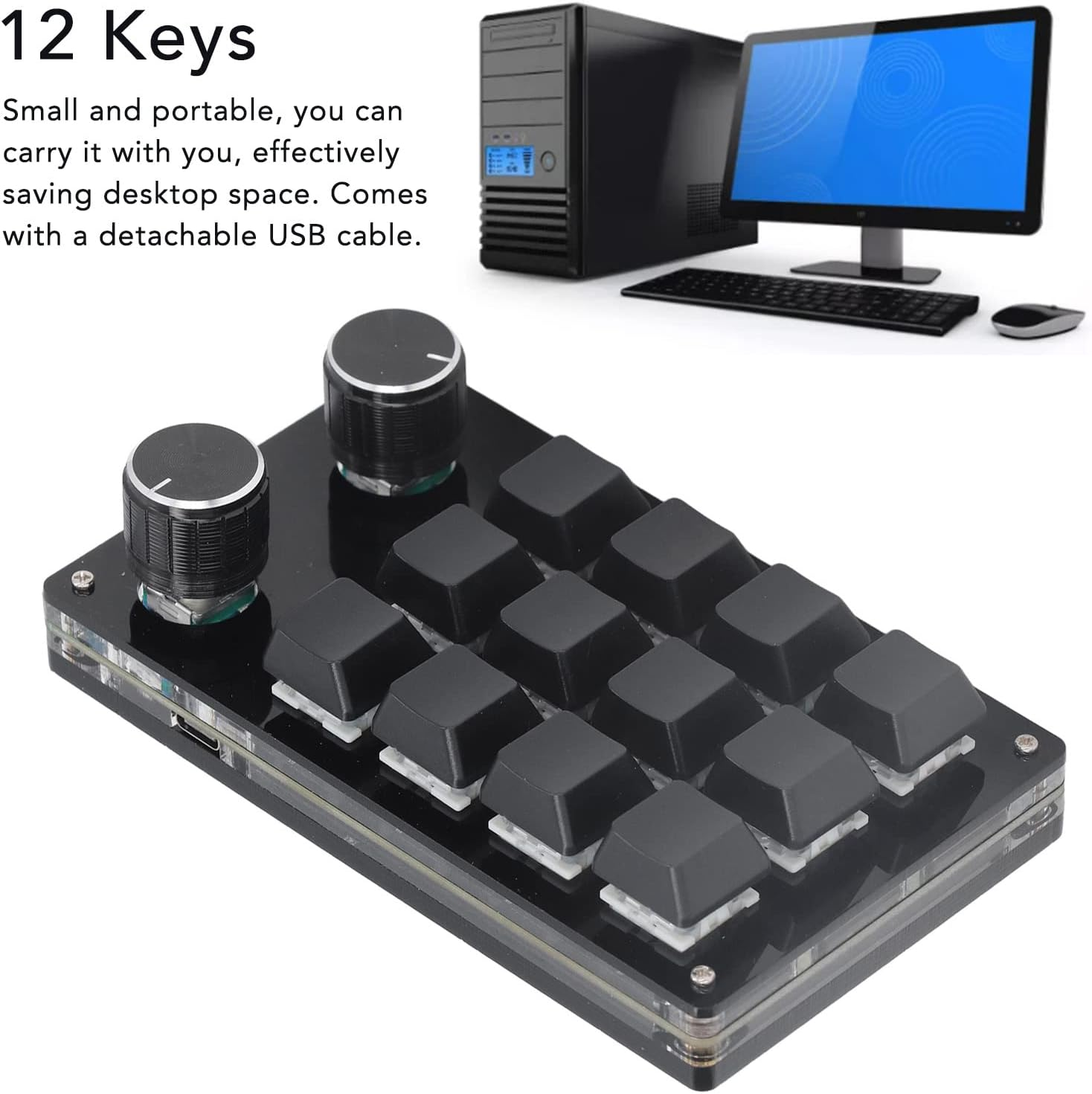 Kompaktes 12-Tasten-Panel mit zwei Drehreglern und Computer im Hintergrund.