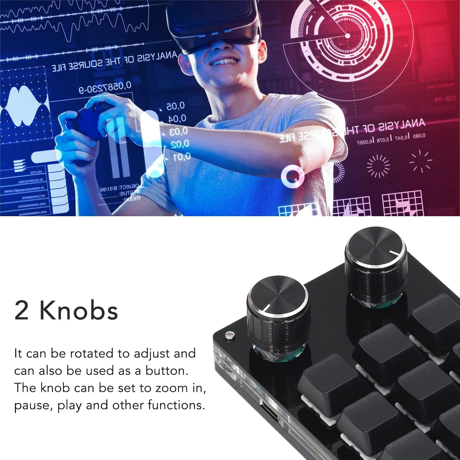 Mann im VR-Headset spielt Spiel mit Controller. Digitale Grafiken umgeben ihn.