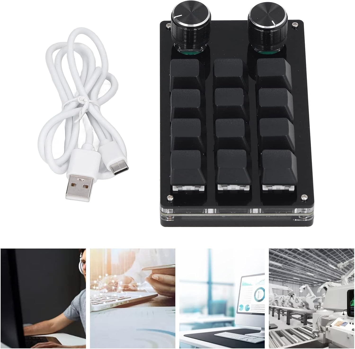 Ein schwarzer programmierbarer Tastatur-Controller mit zwei Drehknöpfen und 12 Tasten, daneben ein weißes USB-Kabel.