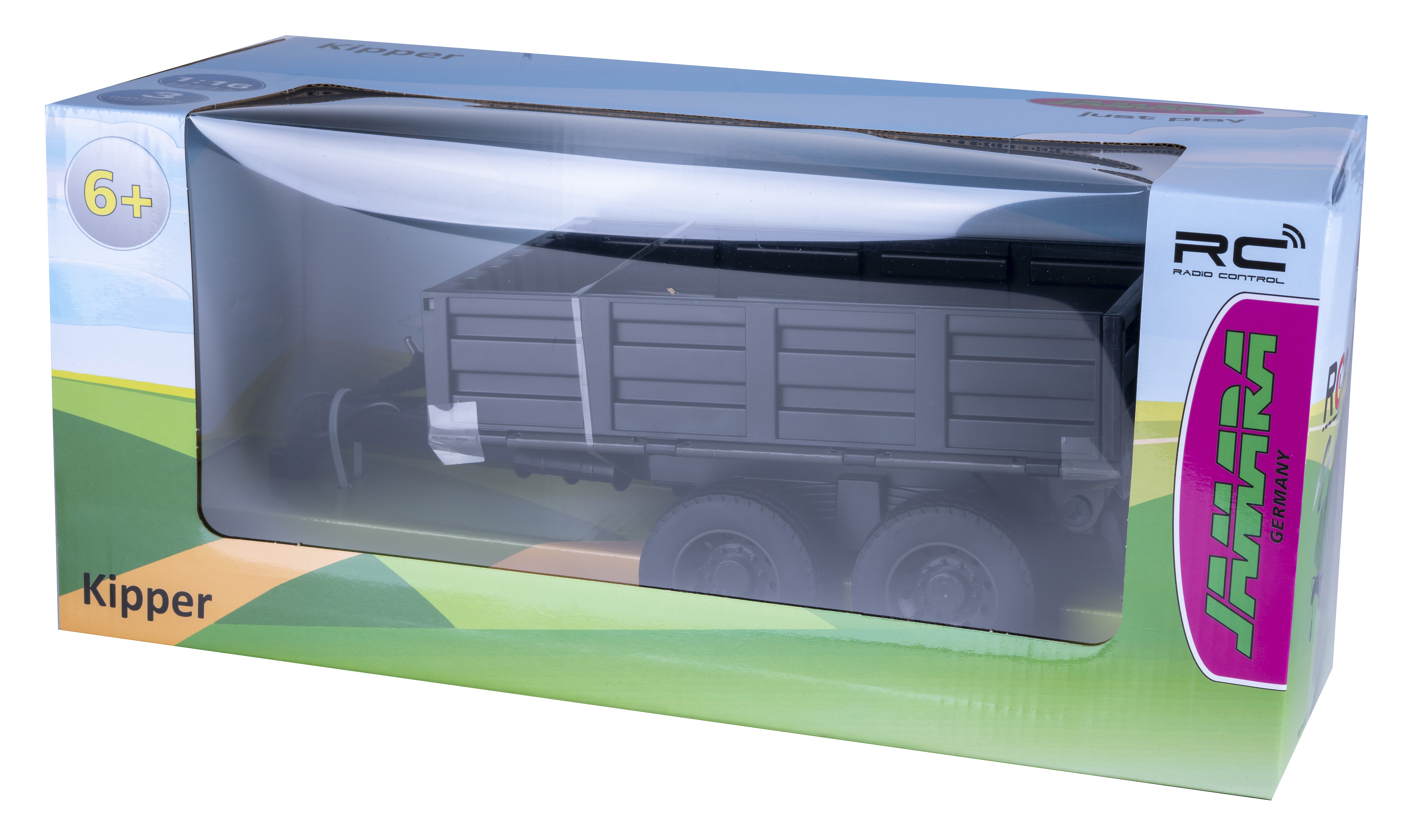 Grauer Kipper-Spielzeuglastwagen in einer Fensterverpackung mit grünen Hügeln.