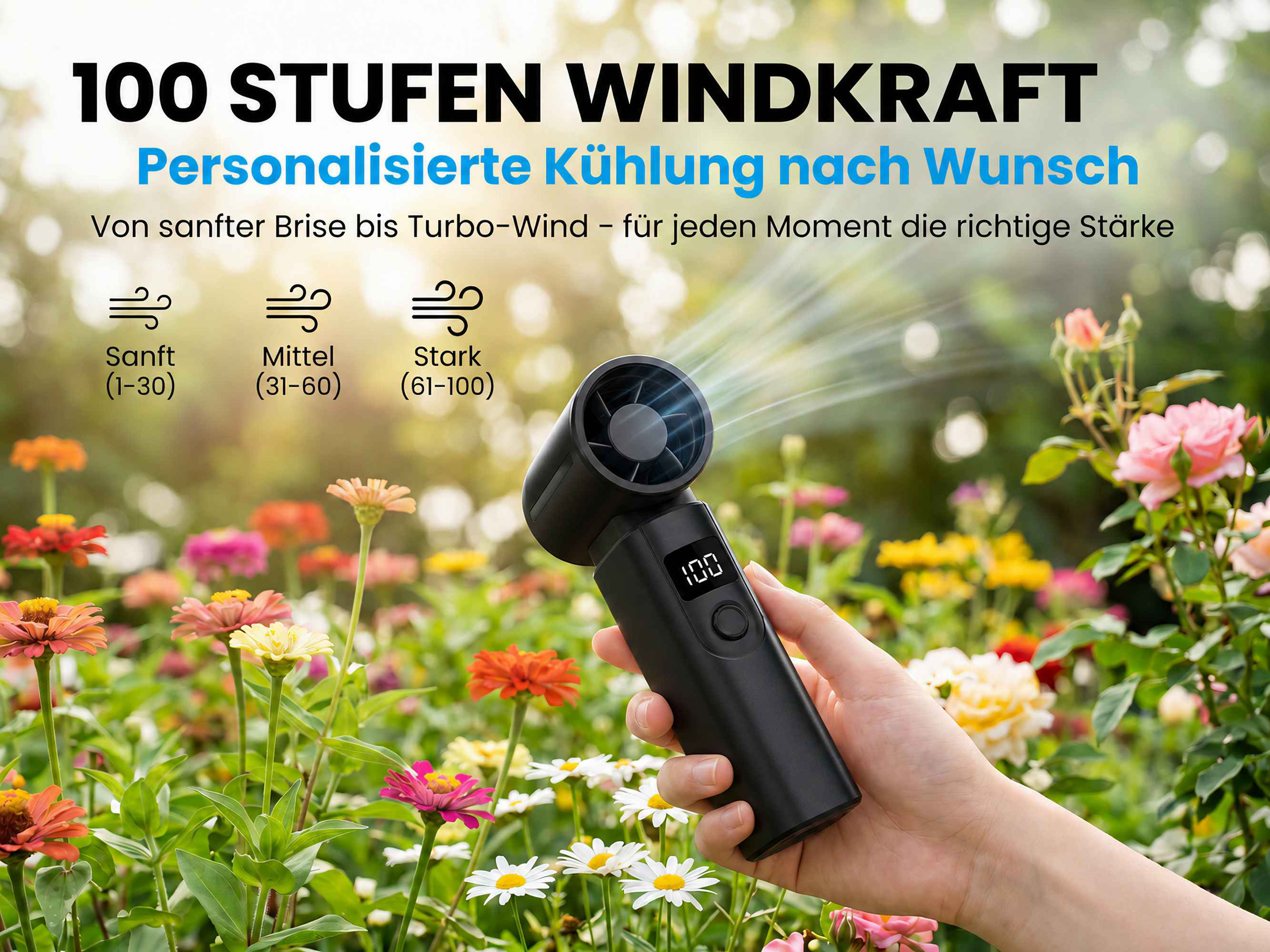 Hand hält schwarzen Ventilator mit 100 Stufen in Blumenbeet. "100 STUFEN WINDKRAFT".