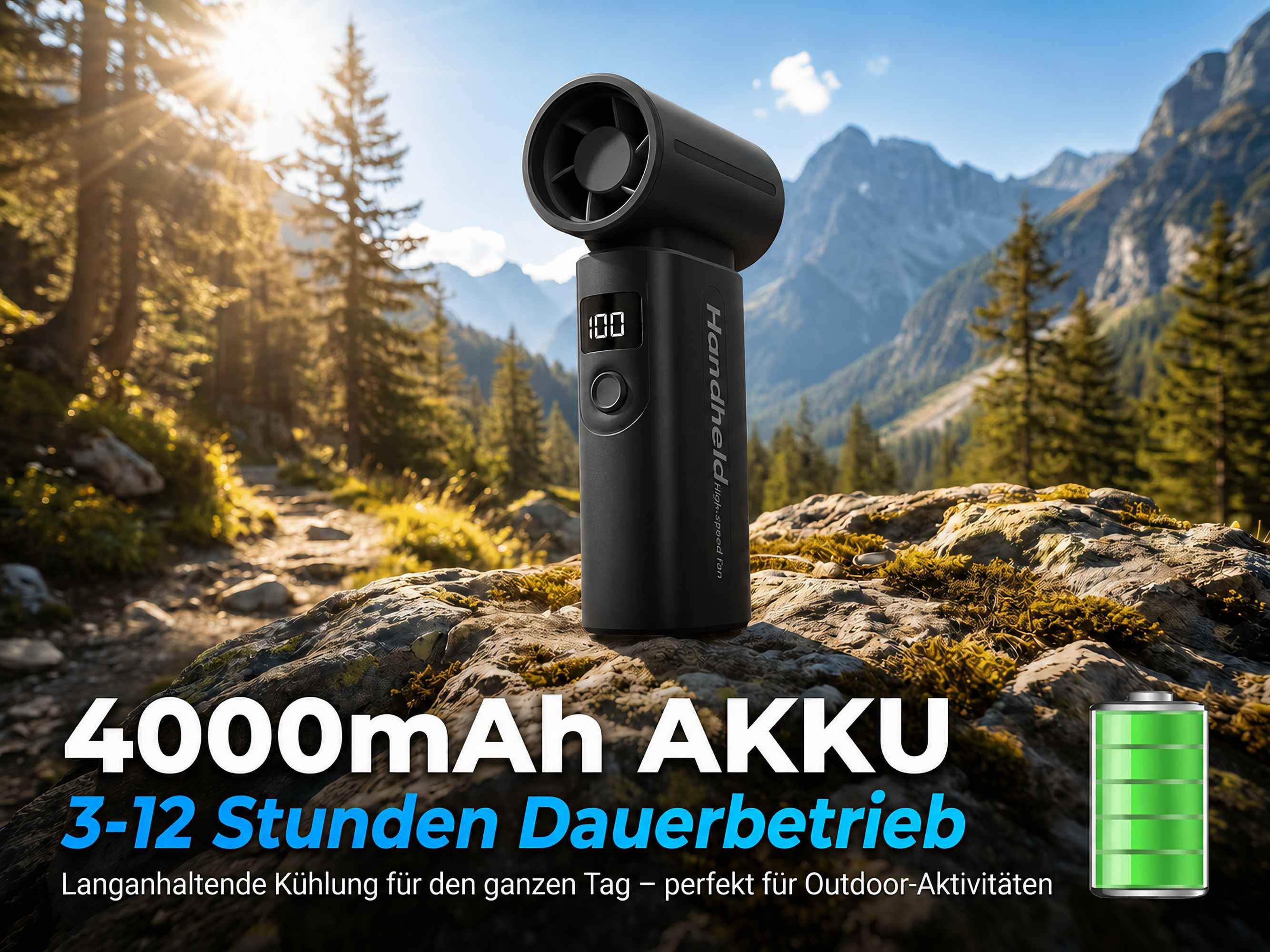 Schwarzer Ventilator mit 100 Anzeige, in Berglandschaft.