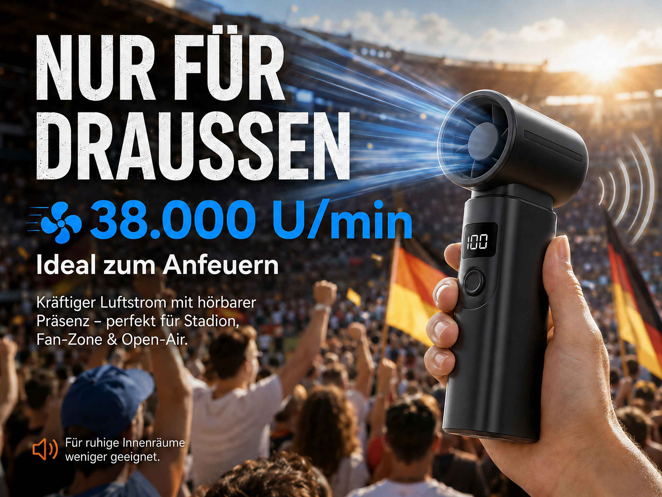 Hand hält Ventilator vor Stadionkulisse, 38.000 U/min.