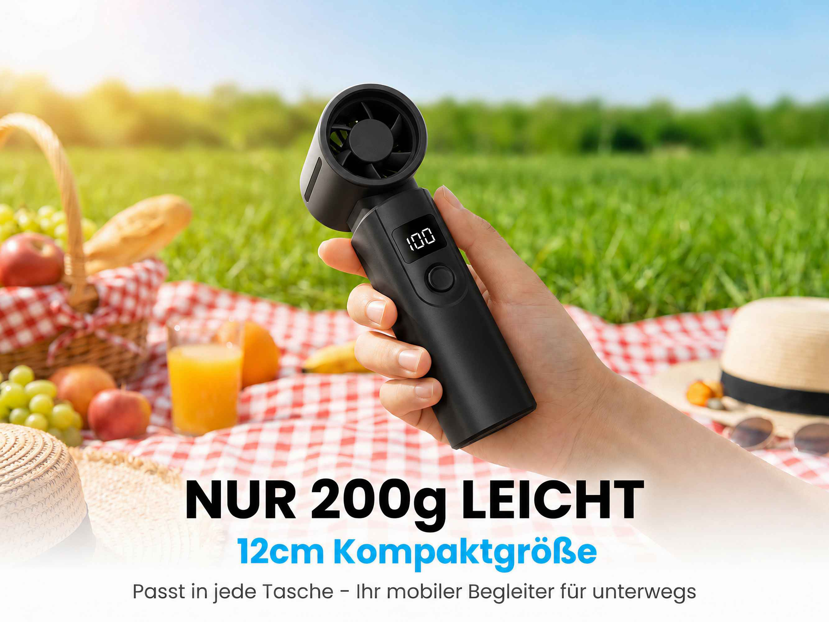 Hand hält schwarzes Messgerät mit Display auf Picknickdecke mit Obst.