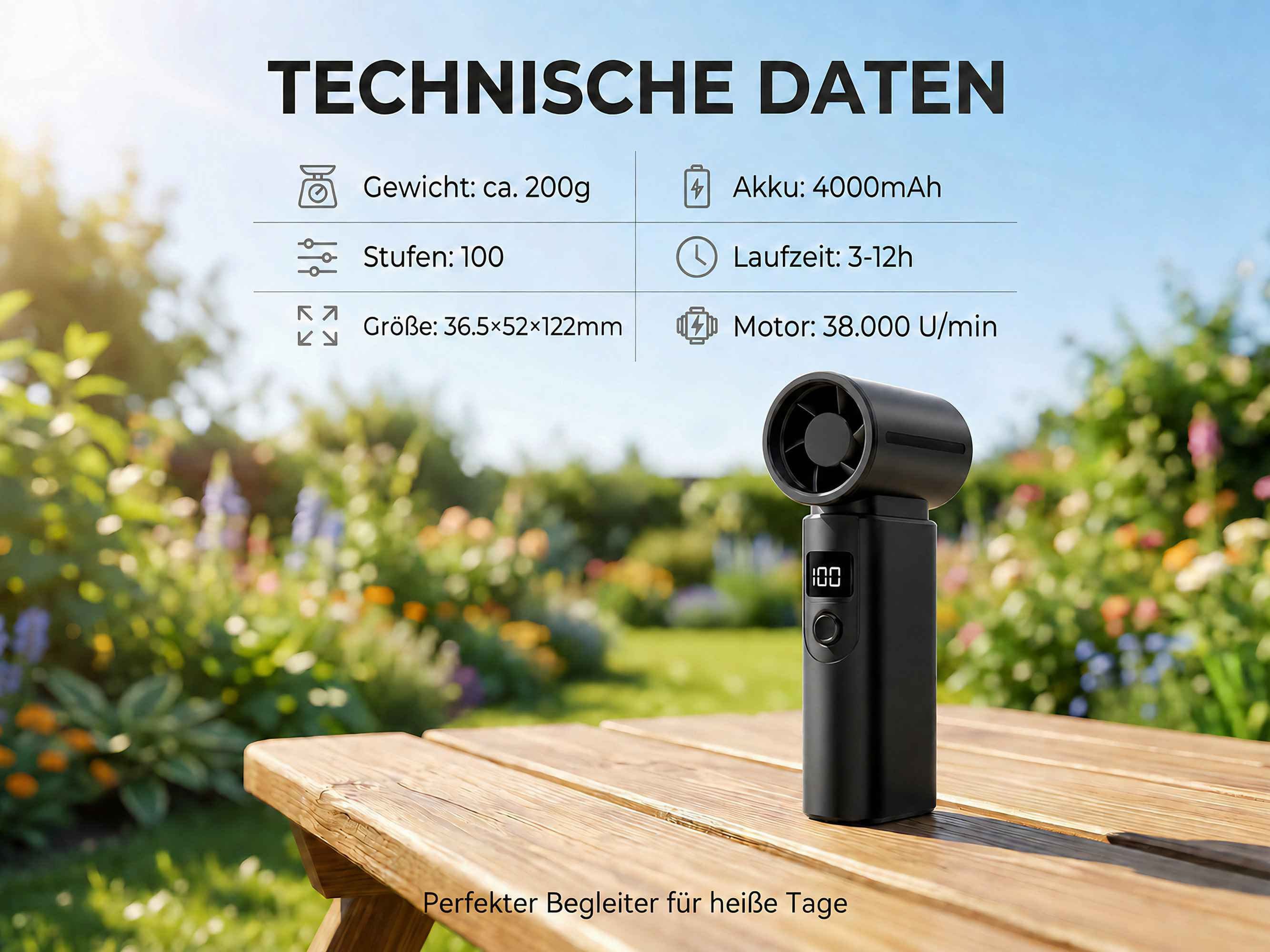 Schwarzer Ventilator auf Holztisch mit Garten im Hintergrund. Technische Daten aufgelistet.
