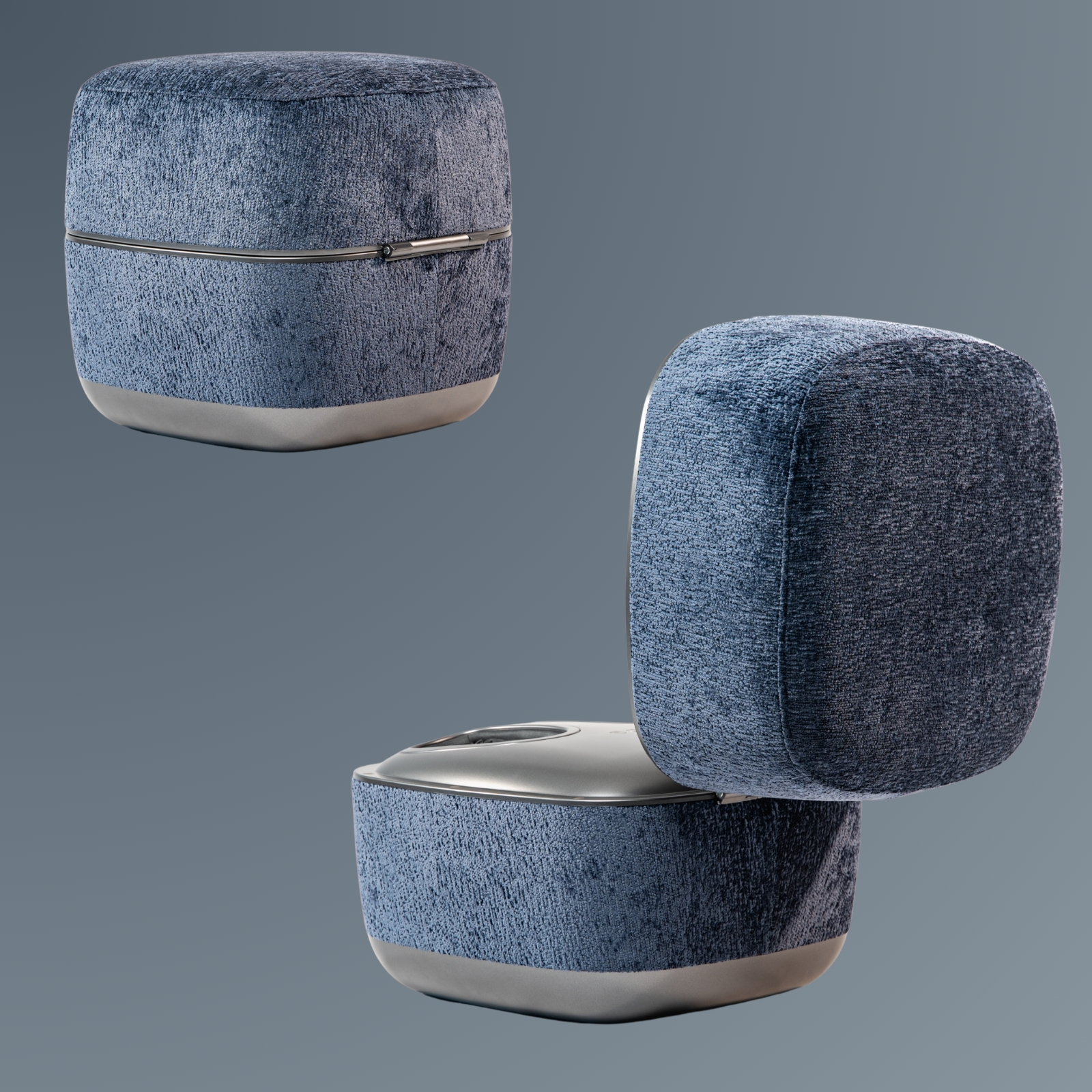 Zwei blaue Hocker mit silbernem Detail und grauer Basis auf grauem Hintergrund.