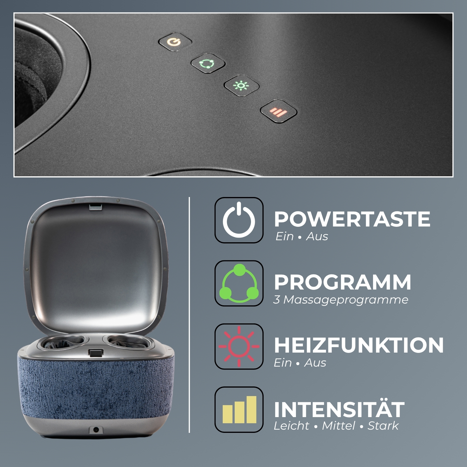 Fußmassagegerät mit Bedienelementen und Funktionen: Power, Programm, Heizung, Intensität.
