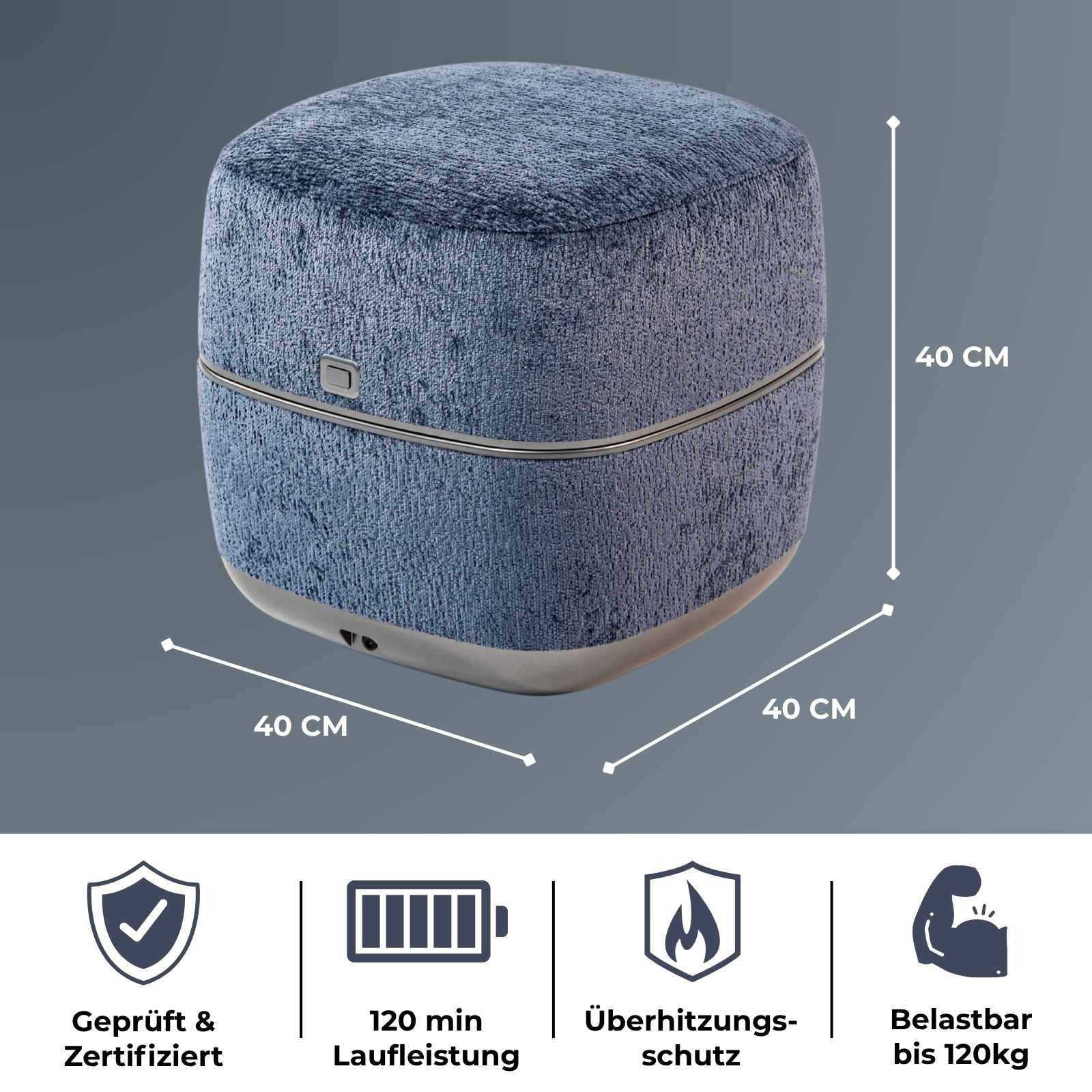 Ein blaues Hocker-Objekt mit Maßen von 40x40x40cm und Symbolen.