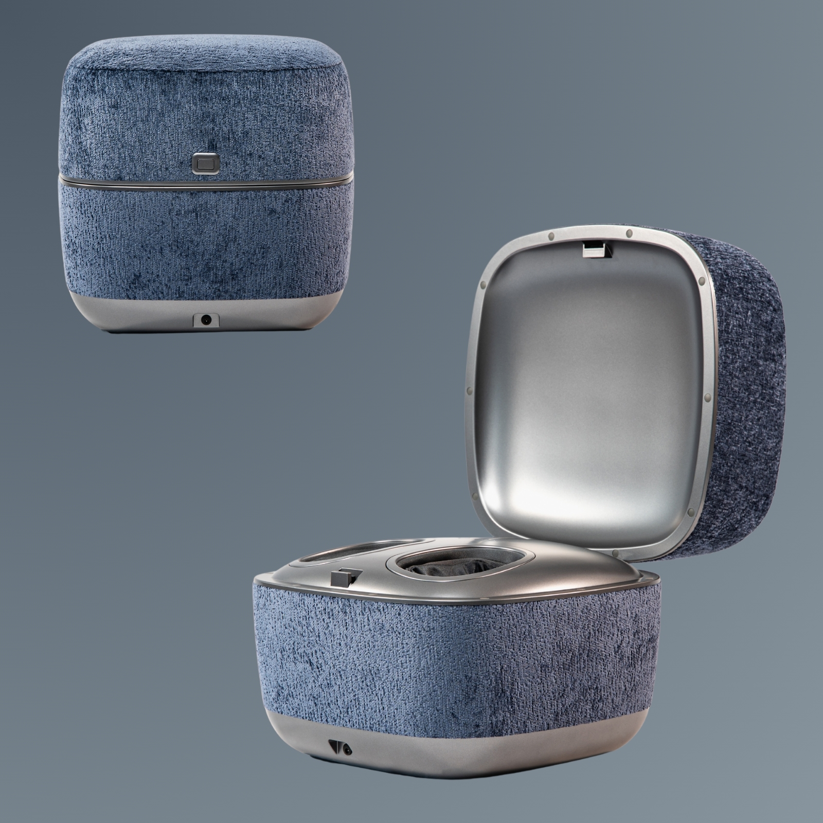 Ein blauer Hocker mit silbernem Deckel, offen, zeigt Innenteile.