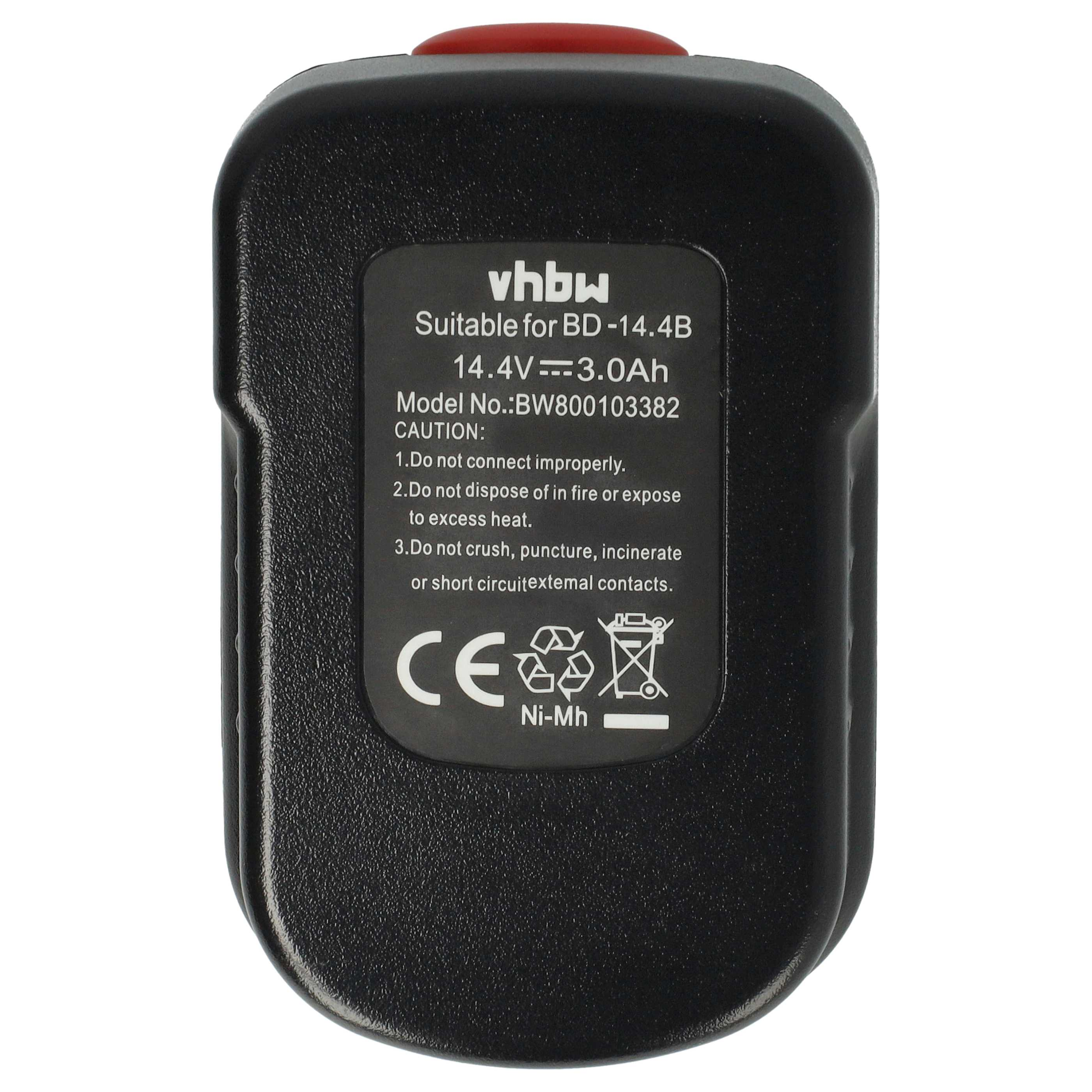 Schwarzer Akku mit Aufschriften: vhbw, 14.4V, 3.0Ah, Ni-Mh.