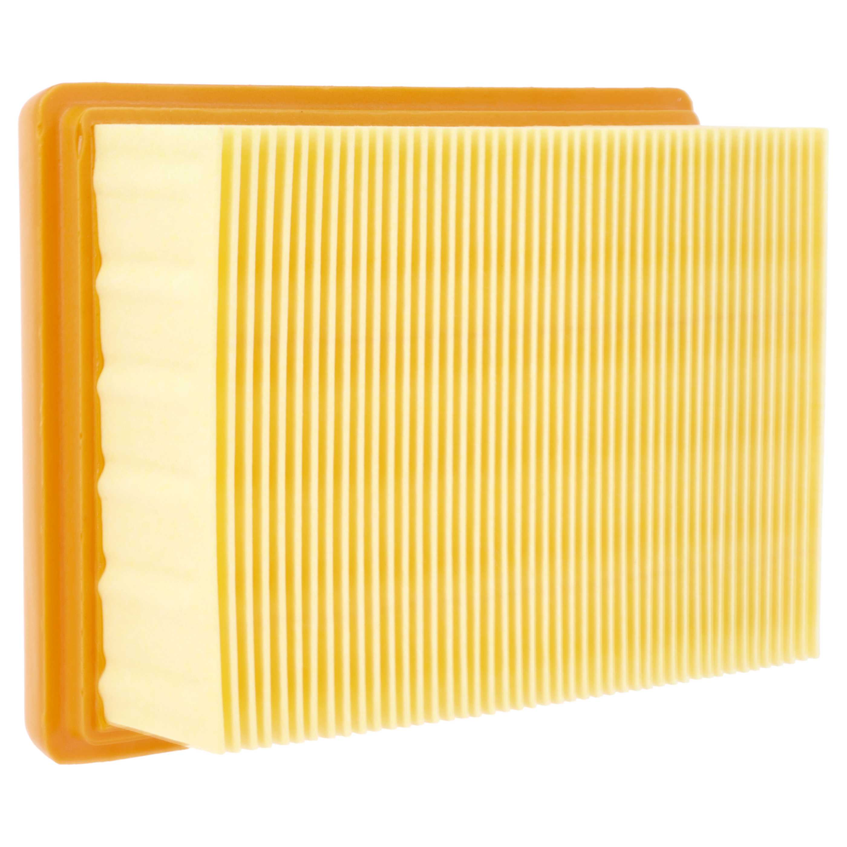 Ein gelber Luftfilter mit orangefarbener Umrandung auf weißem Hintergrund.