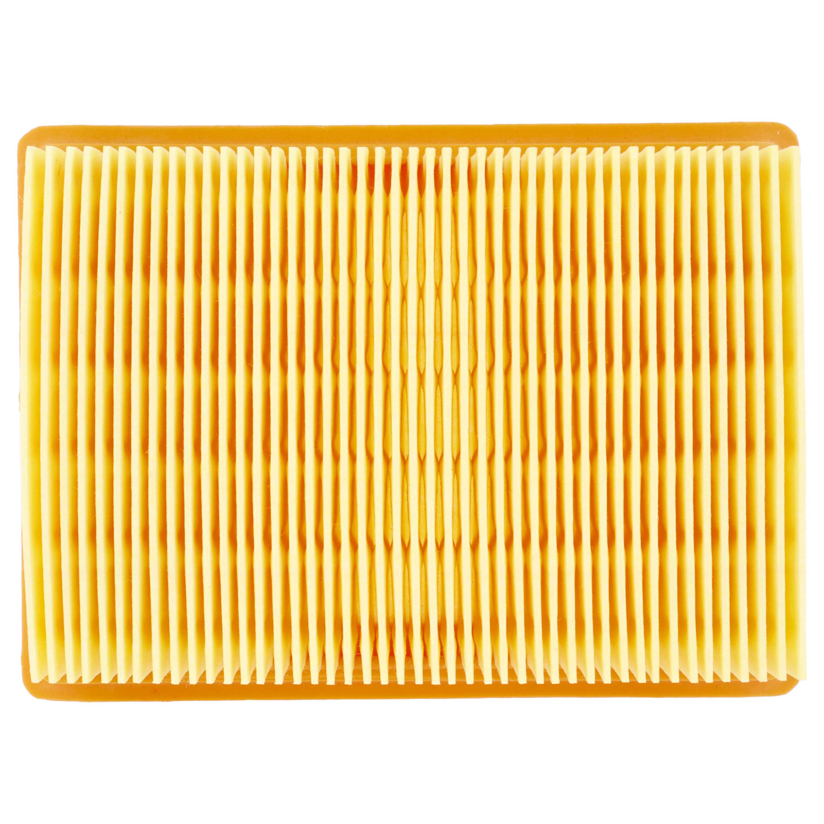 Ein gelber Luftfilter mit vielen Falten und einem orangefarbenen Rahmen.