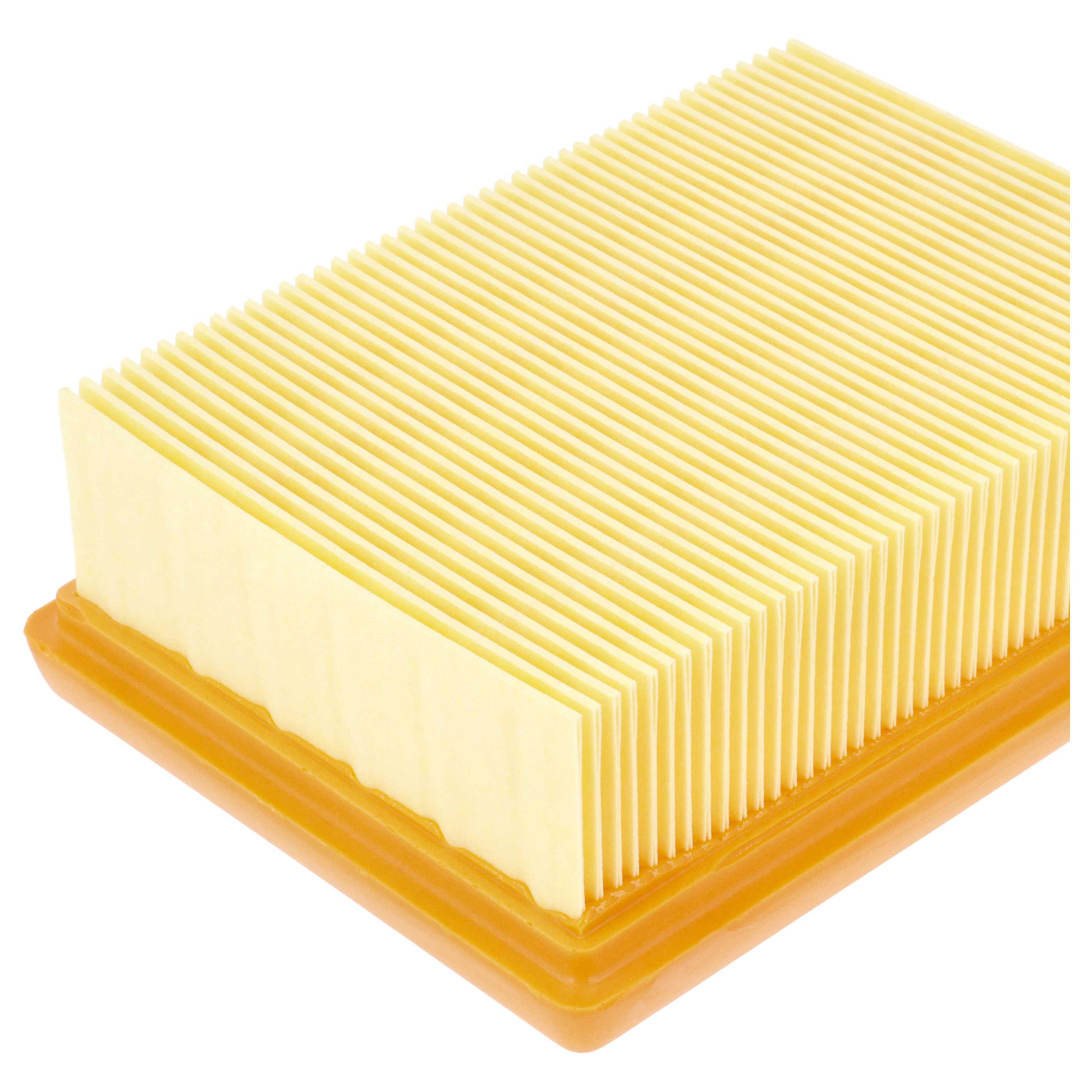 Ein rechteckiger, gefalteter gelber Luftfilter mit einer orangefarbenen Gummidichtung.