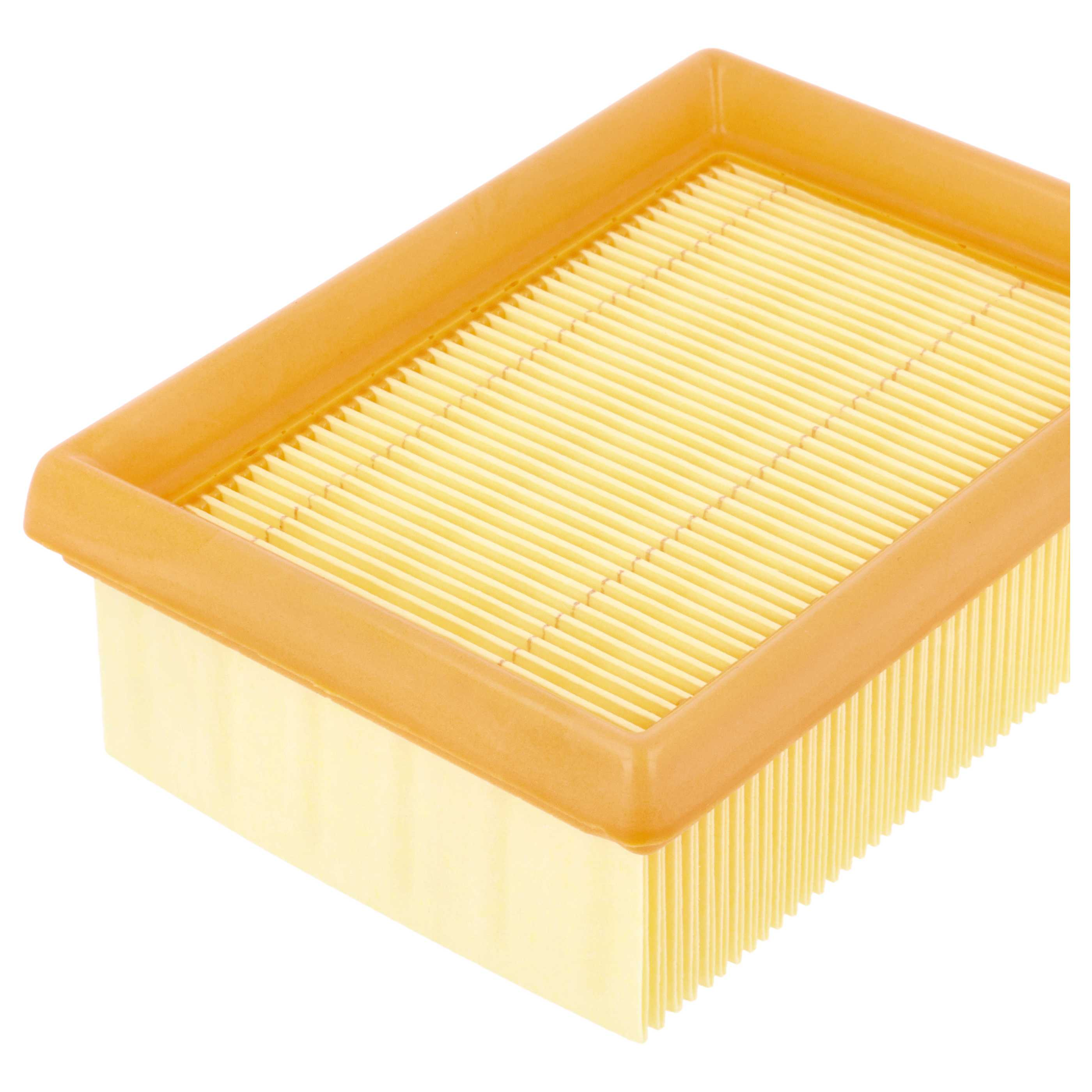 Ein rechteckiger gelber Luftfilter mit orangefarbenem Rahmen.