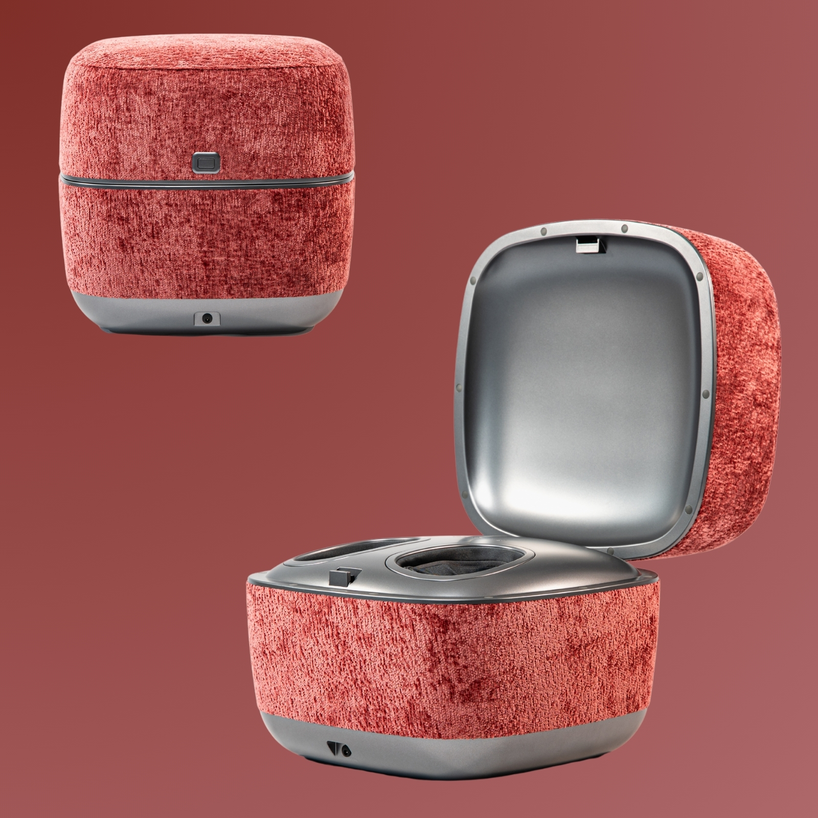 Roter Hocker mit offenem Deckel, zwei Fächer sichtbar. Daneben ein geschlossener Hocker.