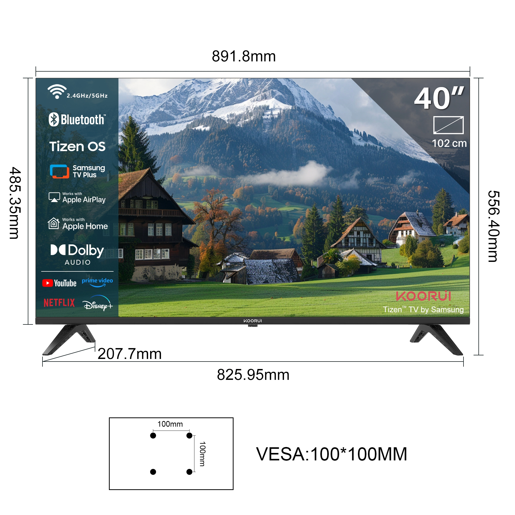 Ein 40-Zoll-Fernseher mit Berggipfelmotiv, Maße und Logos für Apps.