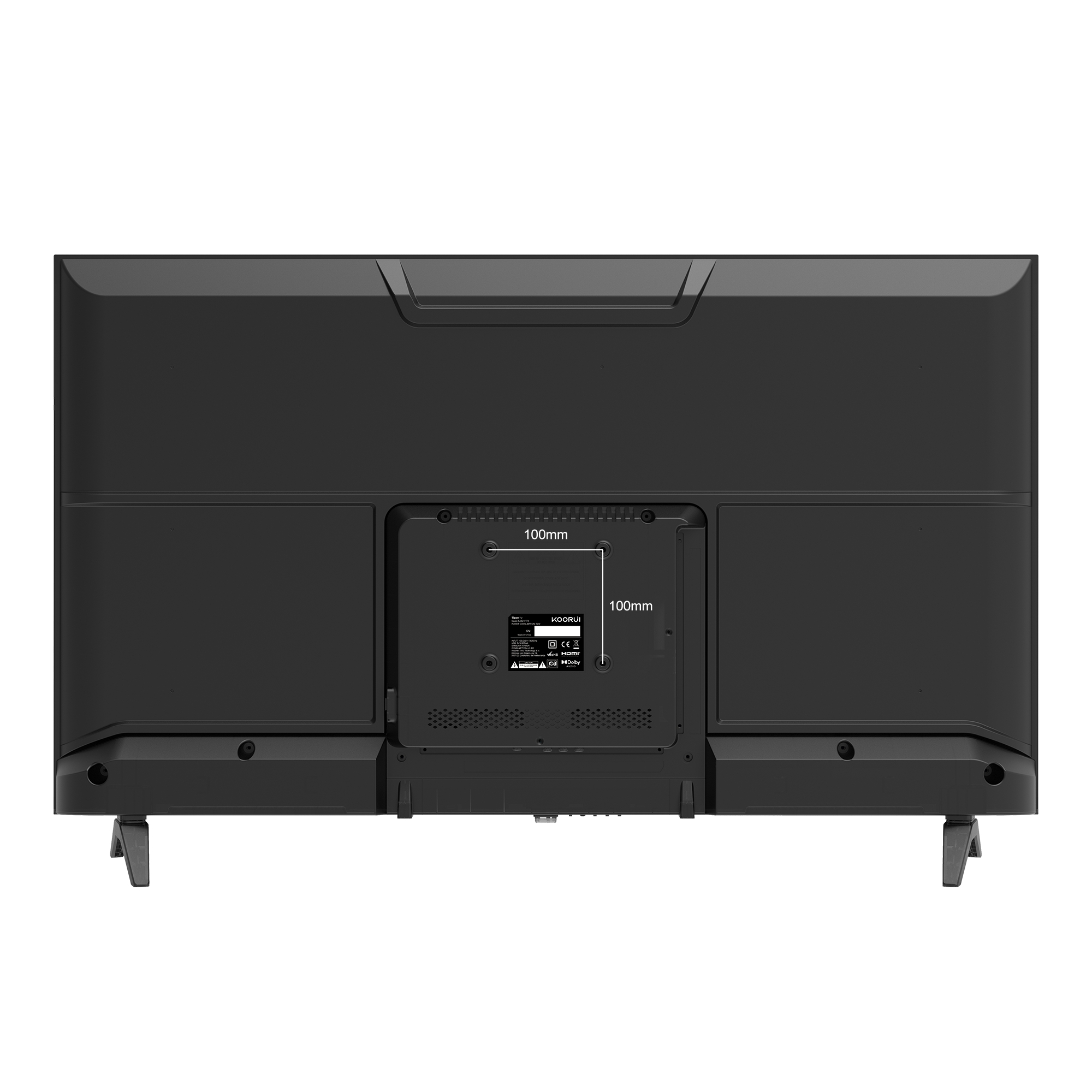 Rückseite eines schwarzen Fernsehers mit VESA-Montagehalterung und Anschlüssen.