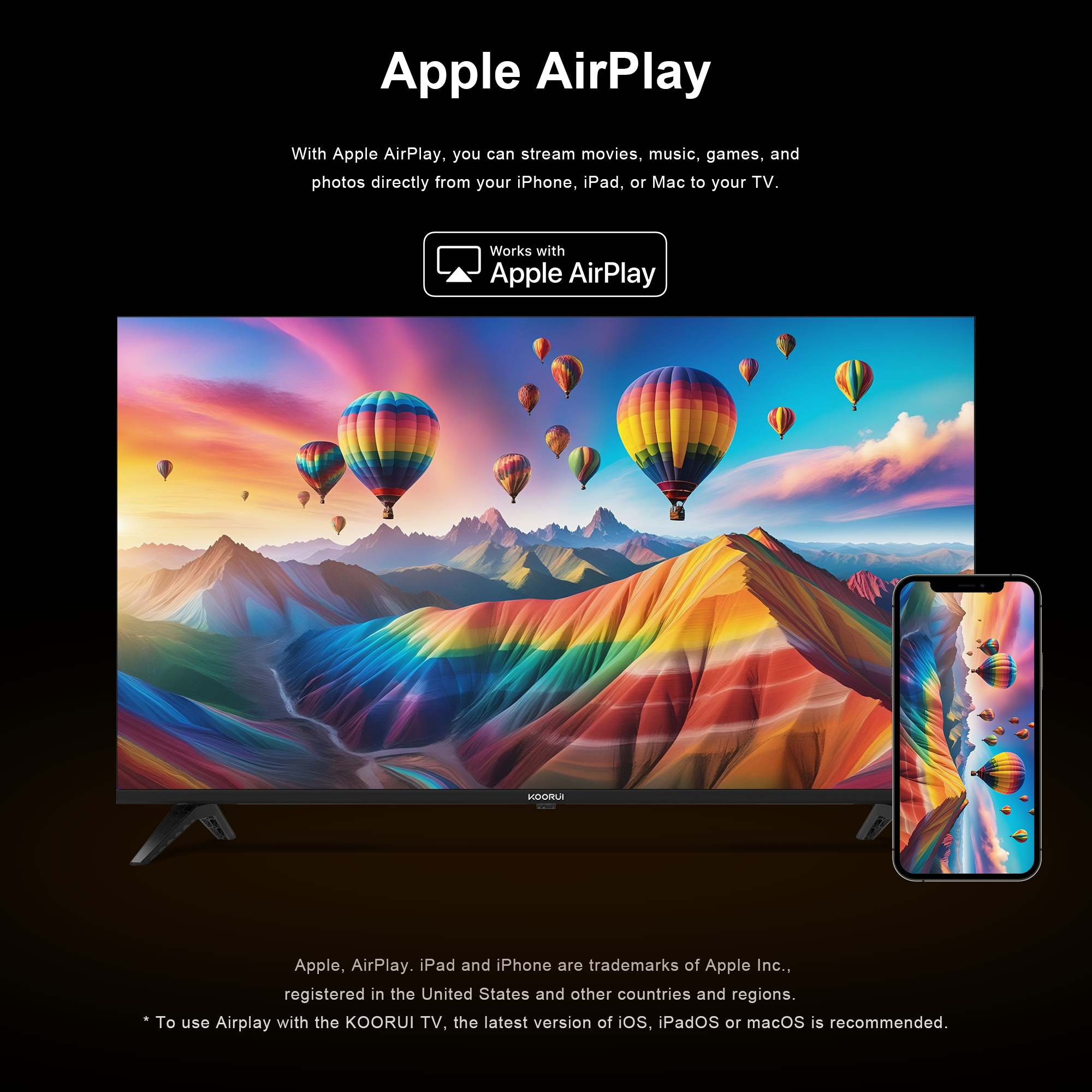 Ein Fernseher und ein Smartphone zeigen eine Landschaft mit bunten Bergen und Heißluftballons.