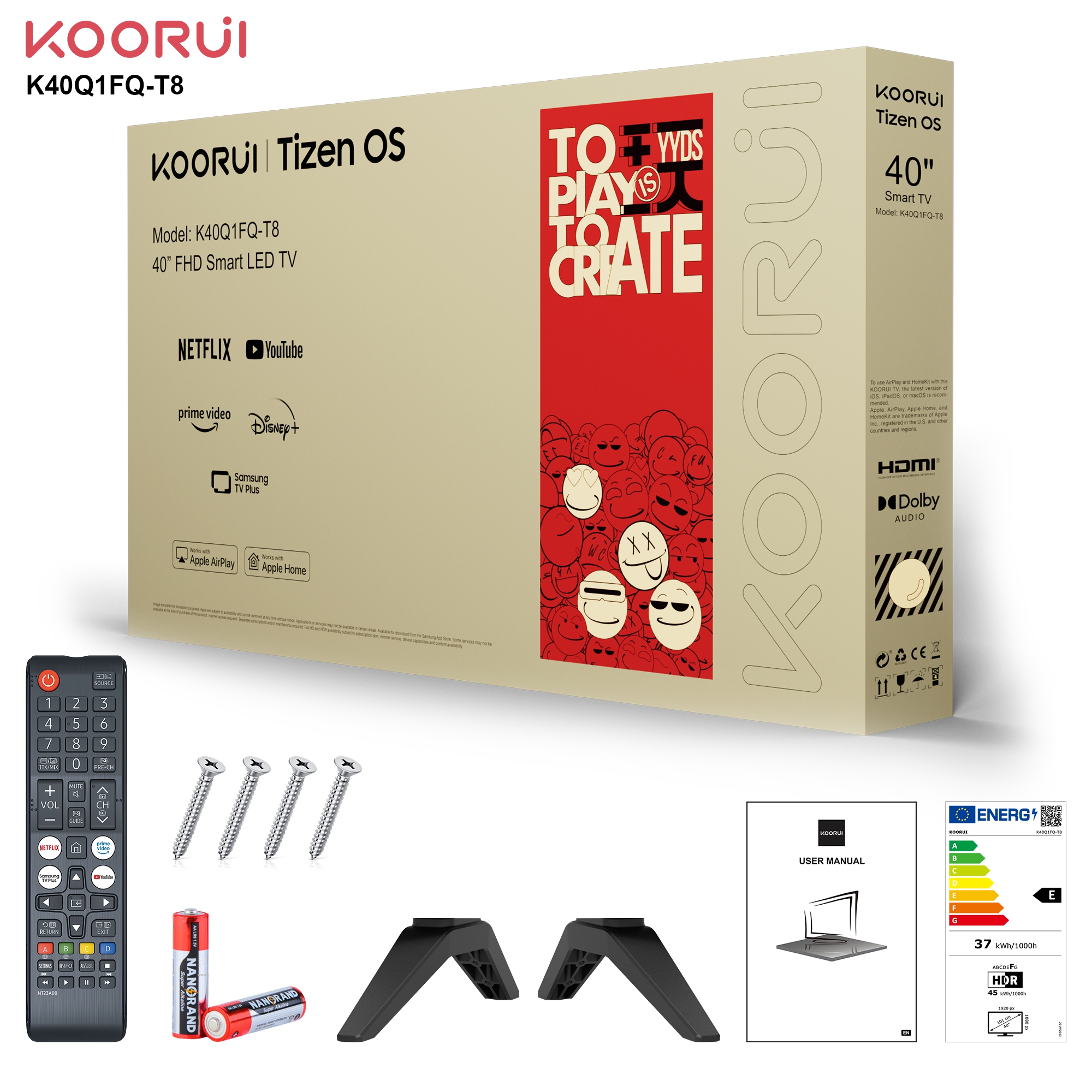 KOORUI 40" Smart TV Verpackung mit Fernbedienung, Schrauben, Batterien und Ständern.