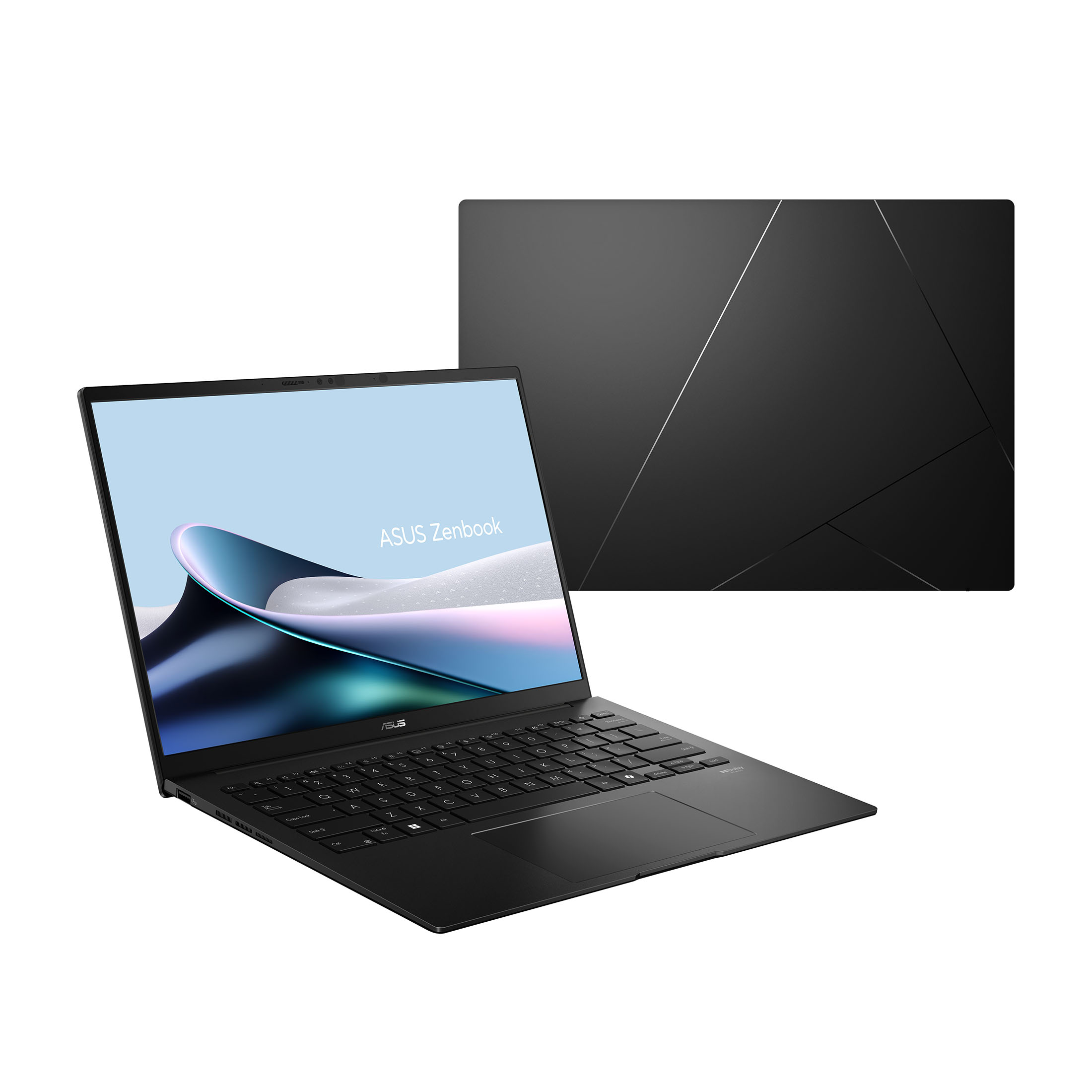 Ein schwarzer ASUS Zenbook Laptop mit geöffnetem Bildschirm, der ein abstraktes Bild zeigt.