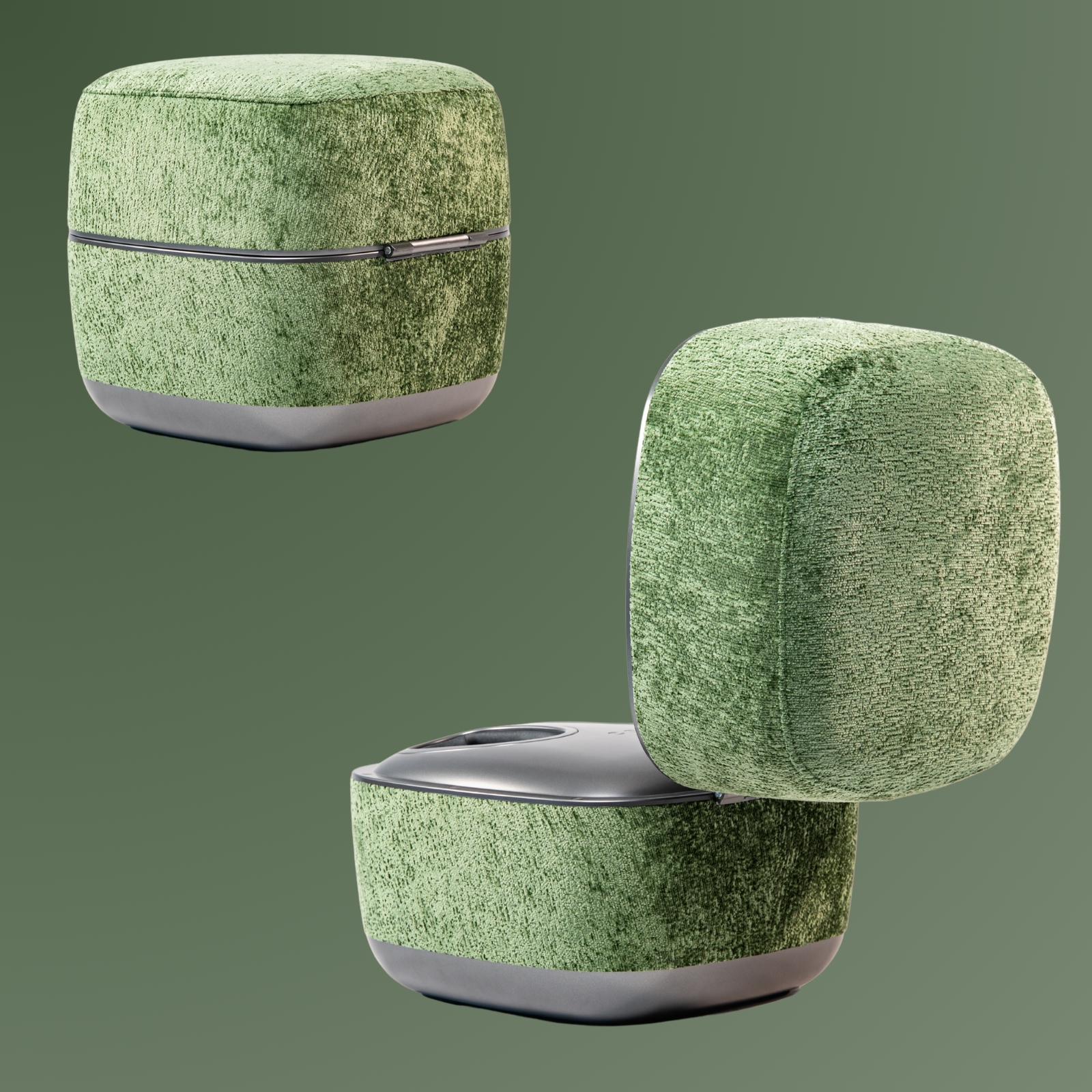 Zwei grüne Hocker mit grauem Sockel und Reißverschlussdetail vor einem grünen Hintergrund.
