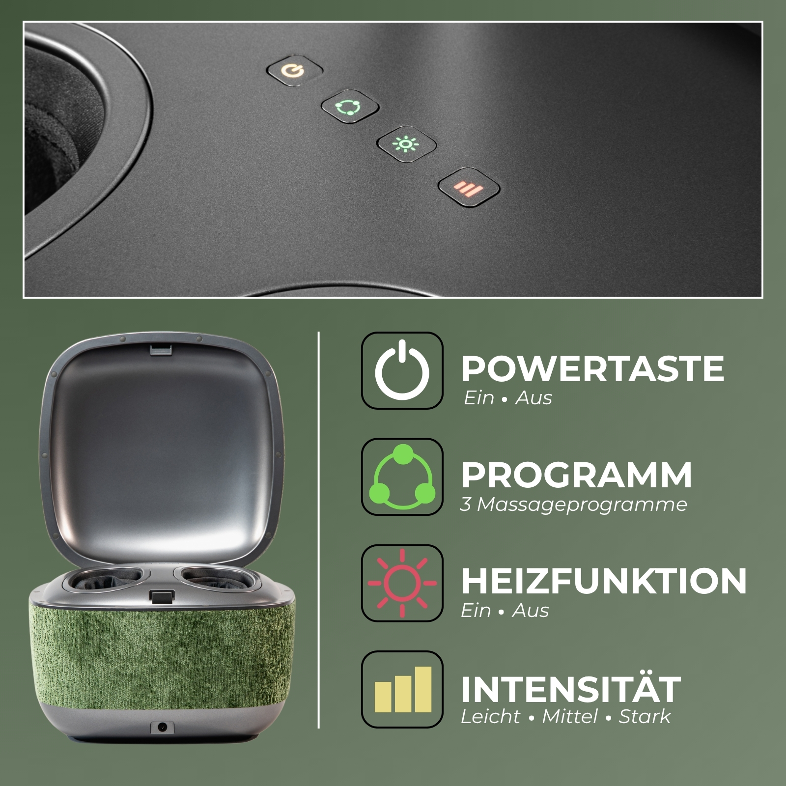 Ein Massagegerät mit geöffnetem Deckel und Bedienelementen. Aufgedruckte Funktionen: Power, Programm, Heizung, Intensität.