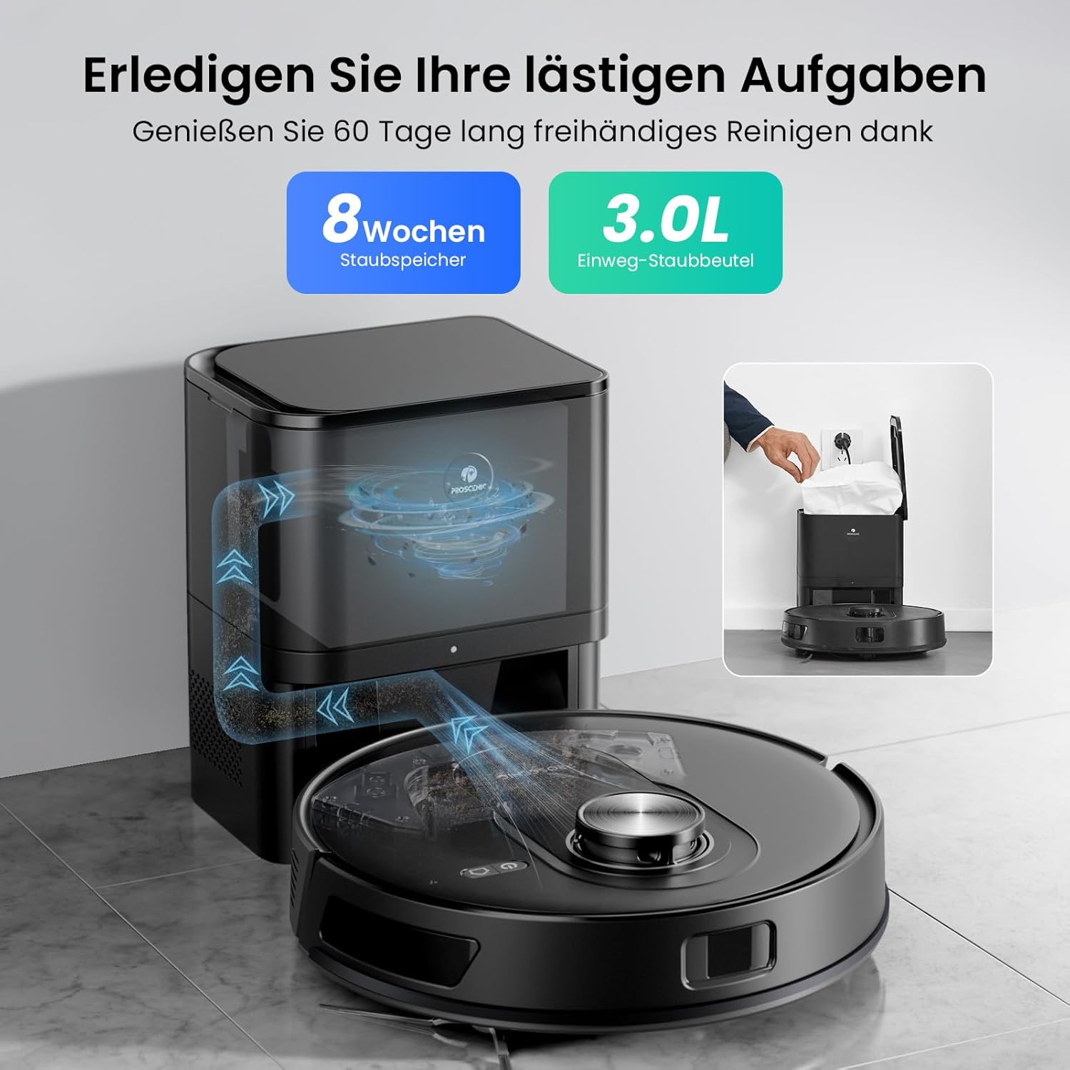 Ein schwarzer Saugroboter mit einer Ladestation, die 8 Wochen Staub speichert.