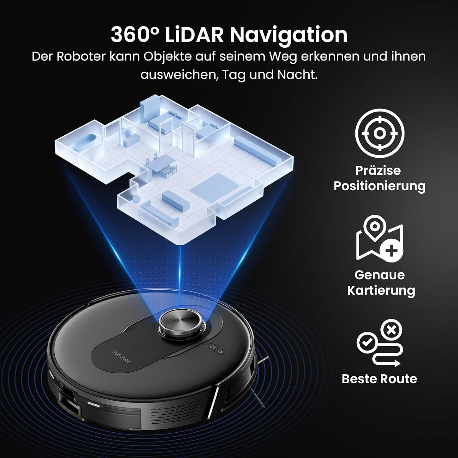 Ein Saugroboter nutzt 360° LiDAR-Navigation zur präzisen Kartierung und Routenplanung.