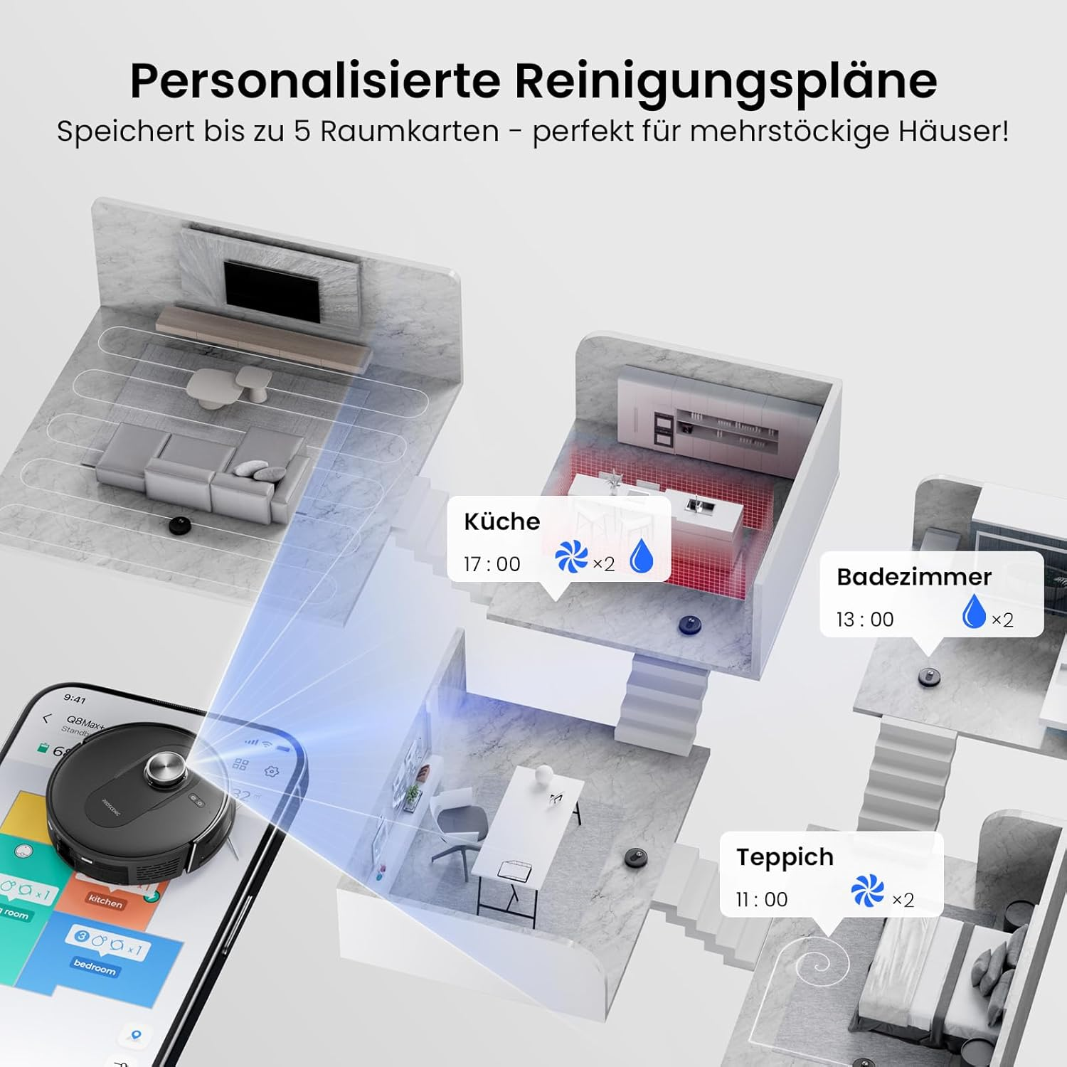 Roboterstaubsauger steuern per App mit personalisierten Reinigungsplänen für verschiedene Räume.