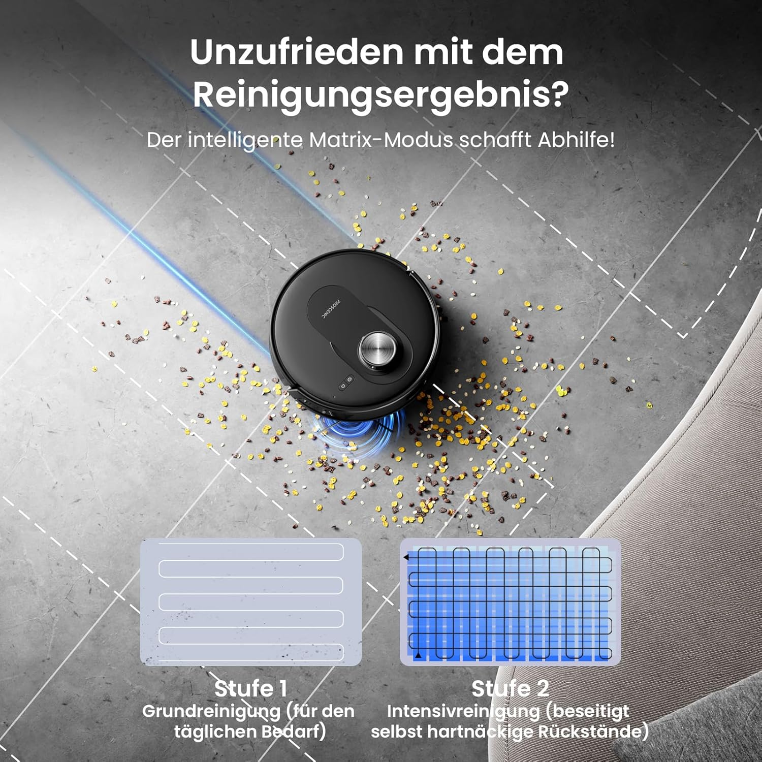 Ein Saugroboter reinigt einen verschmutzten Boden, mit zwei Reinigungsmodi.