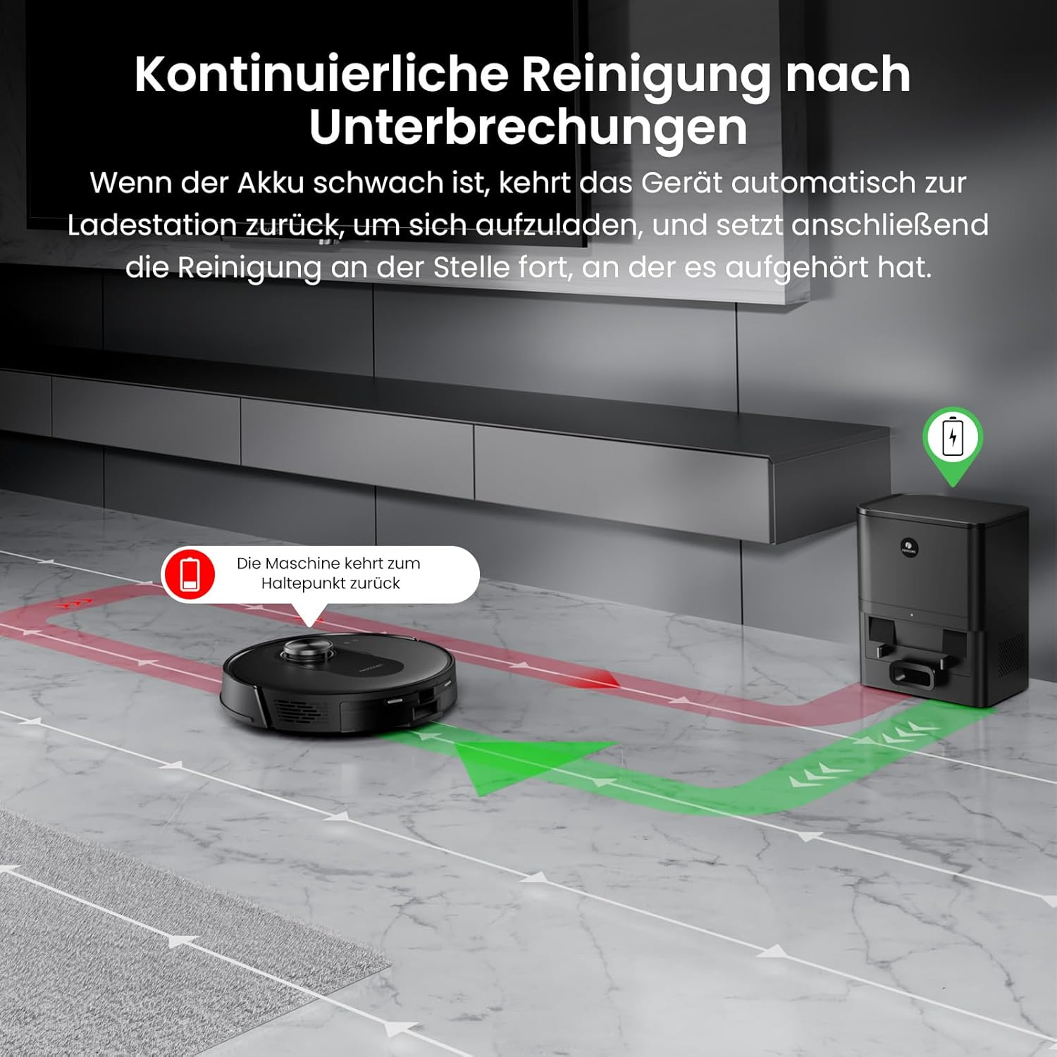 Ein Saugroboter kehrt zur Ladestation zurück, um den Akku aufzuladen.