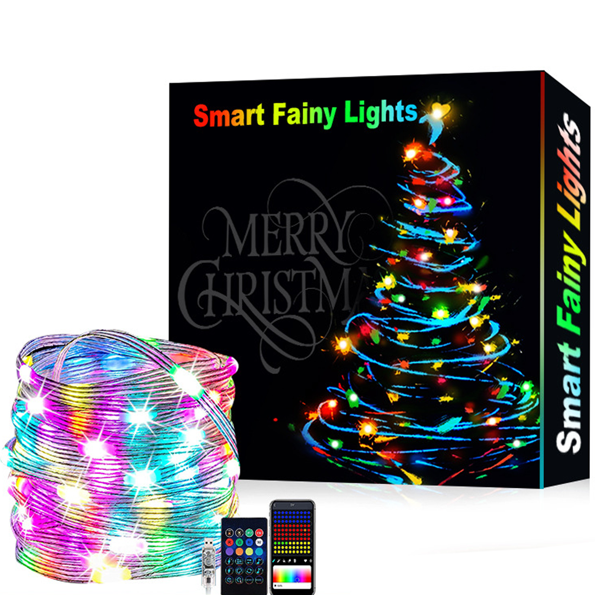 Verpackung von Smart Fairy Lights mit einer aufgewickelten Lichterkette, Fernbedienungen und einem Handy.